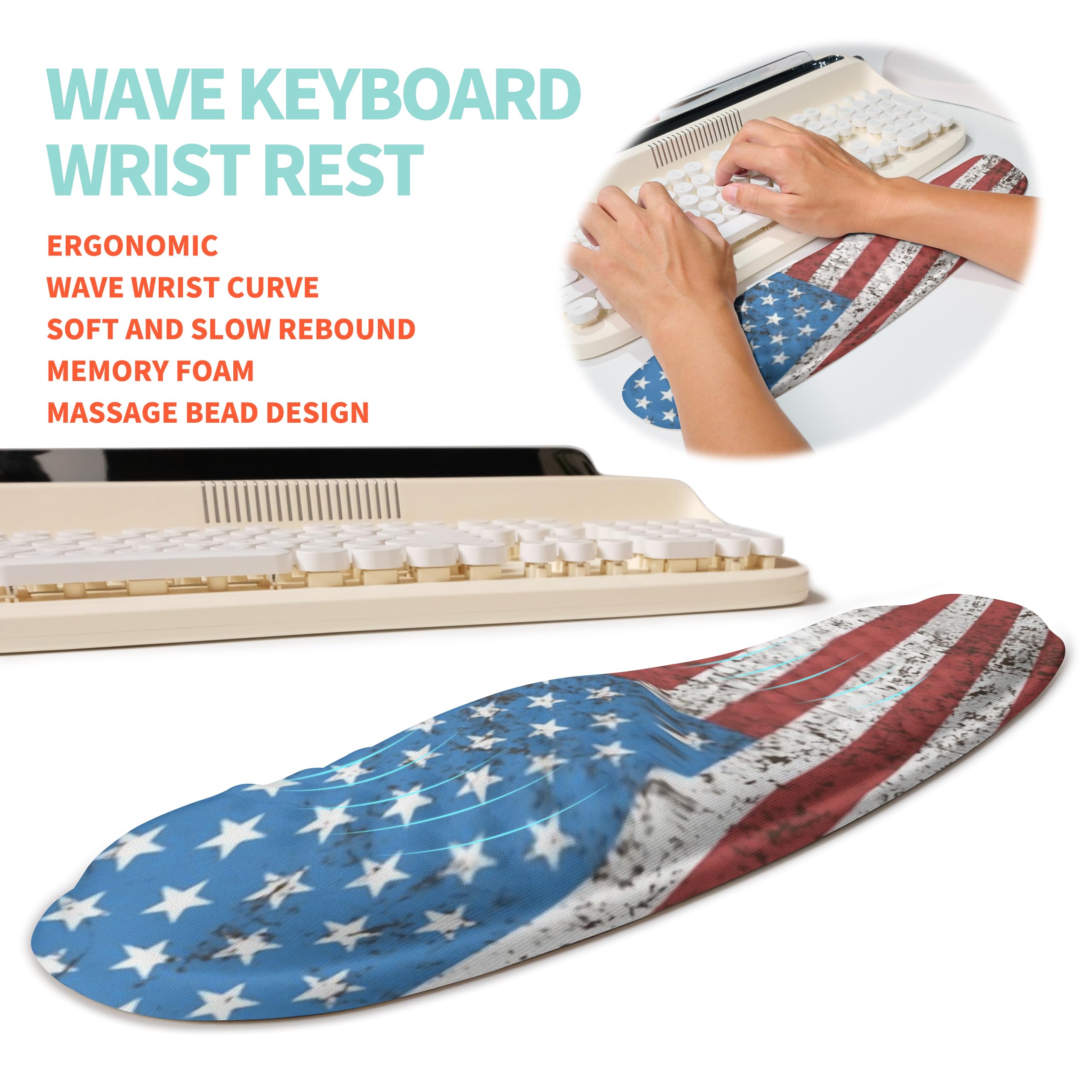 Set ergonomico 2 in 1, poggiapolsi per tastiera Wave Rise e tappetino per mouse con supporto per il polso, cuscino in memory foam integrato per alleviare il dolore al polso, bandiera americana