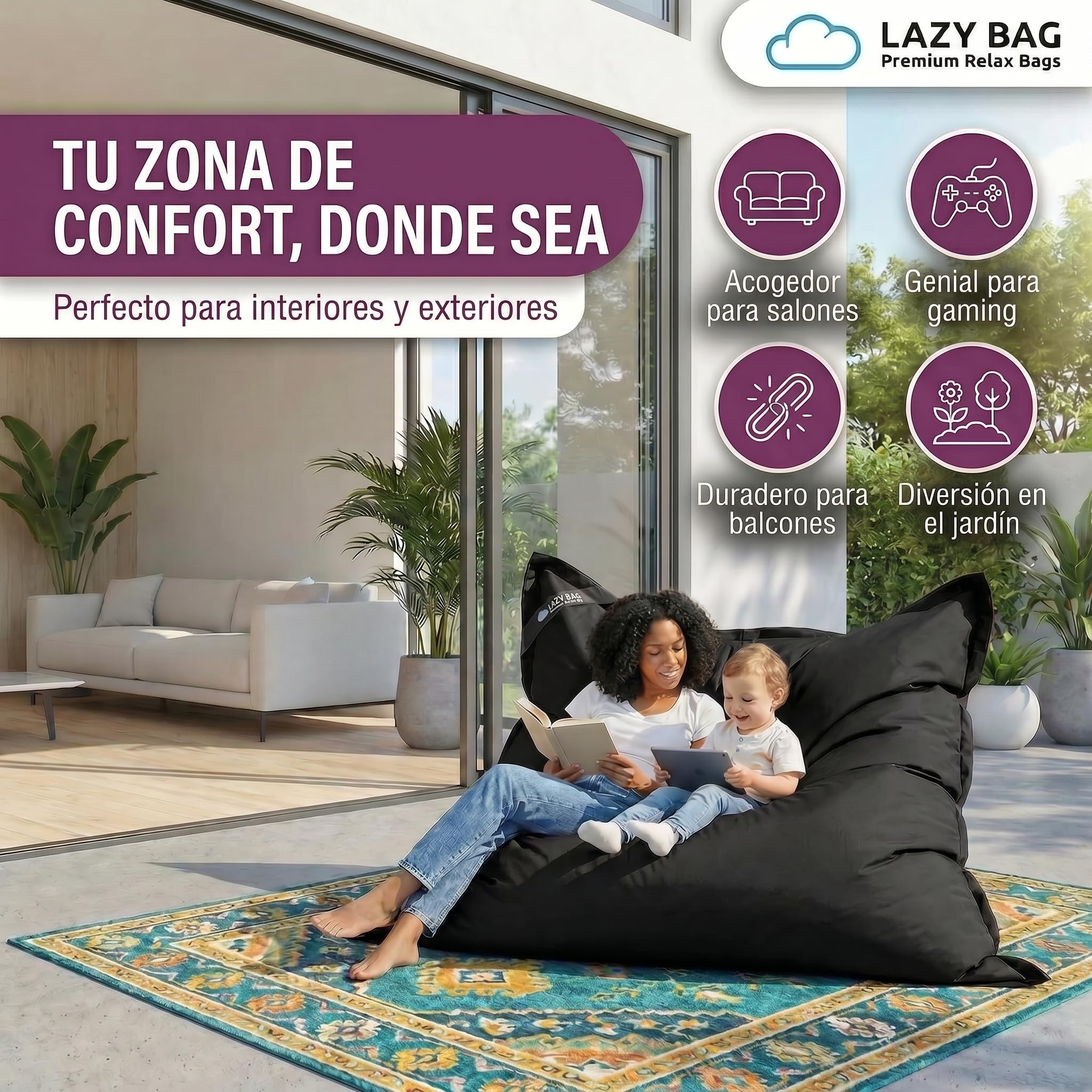 Lazy Bag® Puf Gigante XL 160x120 cm - Beanbag Interior y Exterior | 250 L, relleno EPS fabricado en Alemania - funda de nylon lavable, doble costura, resistente al agua