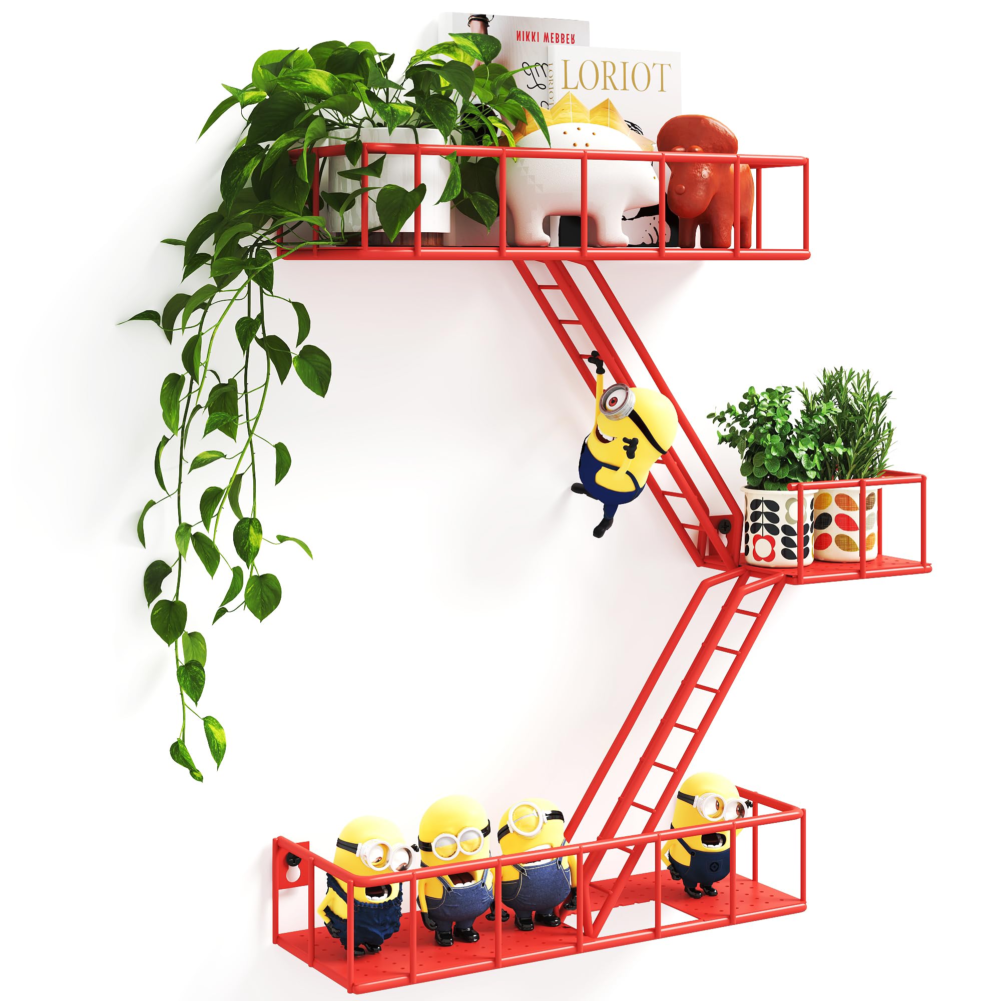 3-Tier Metal Fire Escape Ladder Wall Shelf with Baskets, Rustic Industrial Style, Perfect for Living Room, Office, Bedroom, Bathroom