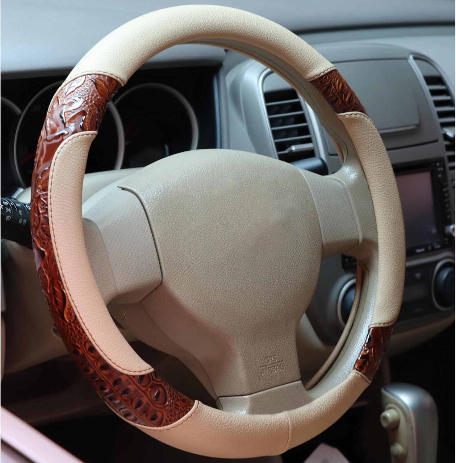PU Leather Auto Car Steering Wheel Cover,Anti Slip Universal 15 Inch (Beige)