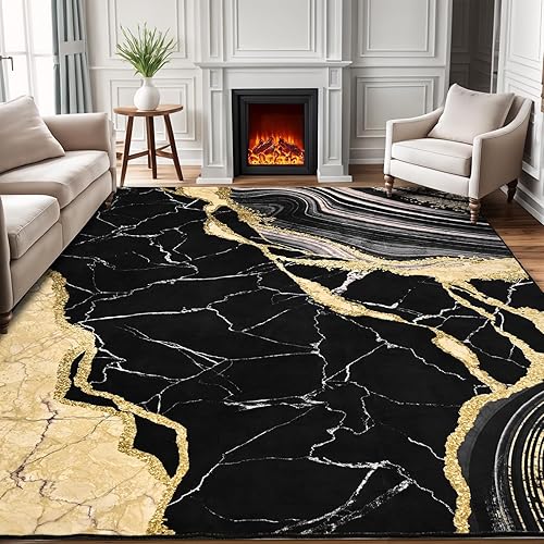 ASPMIZ Alfombra de área de mármol de 5 x 7 pies, lavable para dormitorio, suave lana sintética negra y dorada, alfombra antideslizante moderna para