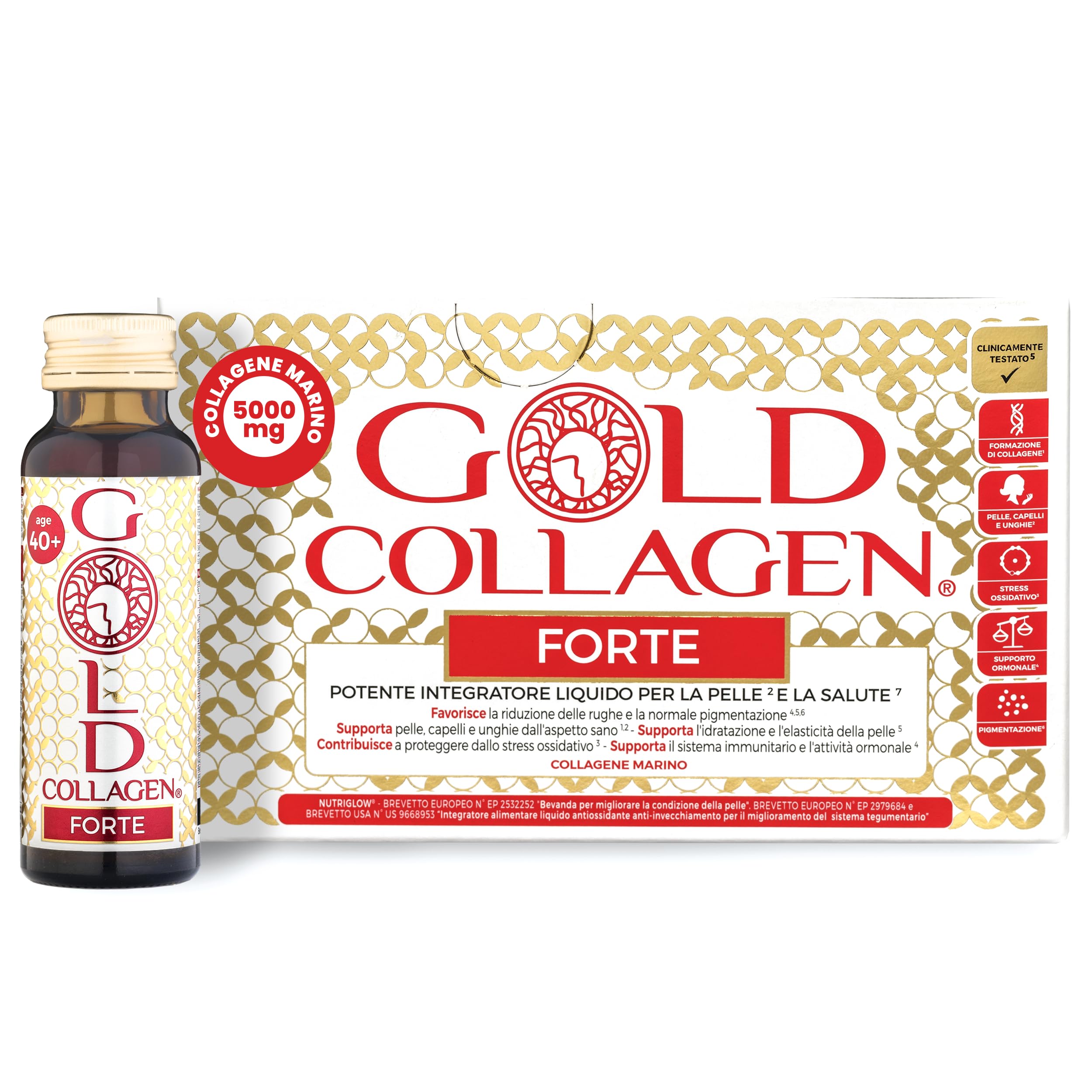 GOLD COLLAGEN Forte - Collagene Integratore Antirughe Antiossidante con Biotina Crescita Capelli, Pelle Unghie e Sistema Immunitario, Vitamina C, Collagene Marino con Acido Ialuronico, 1 Pack 10x50 ml