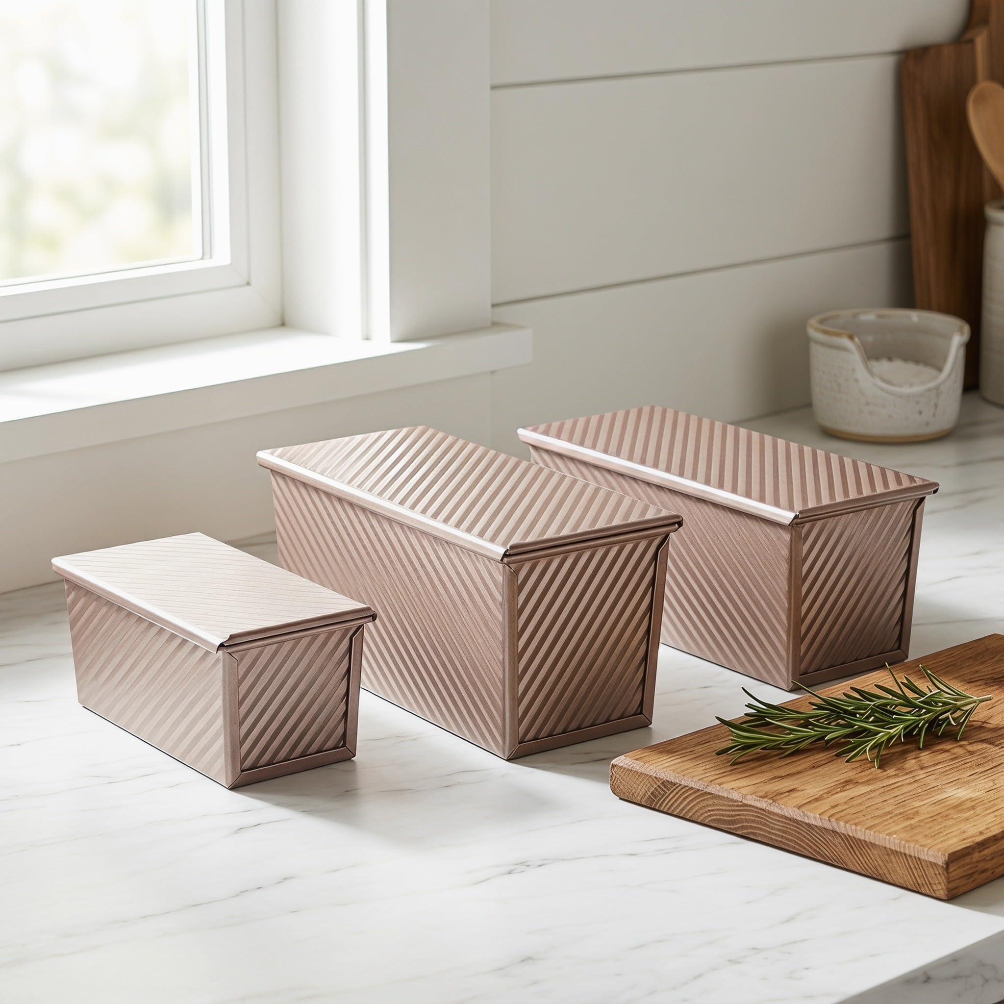 Healeved 3-teiliges Kastenform-Set, Pullman-Kastenform mit Deckel, Antihaft-Backform-Set, geriffelte Toastform für Sandwiches, Sauerteigbrot (0,5 lb, 1 lb, 1,5 lb)