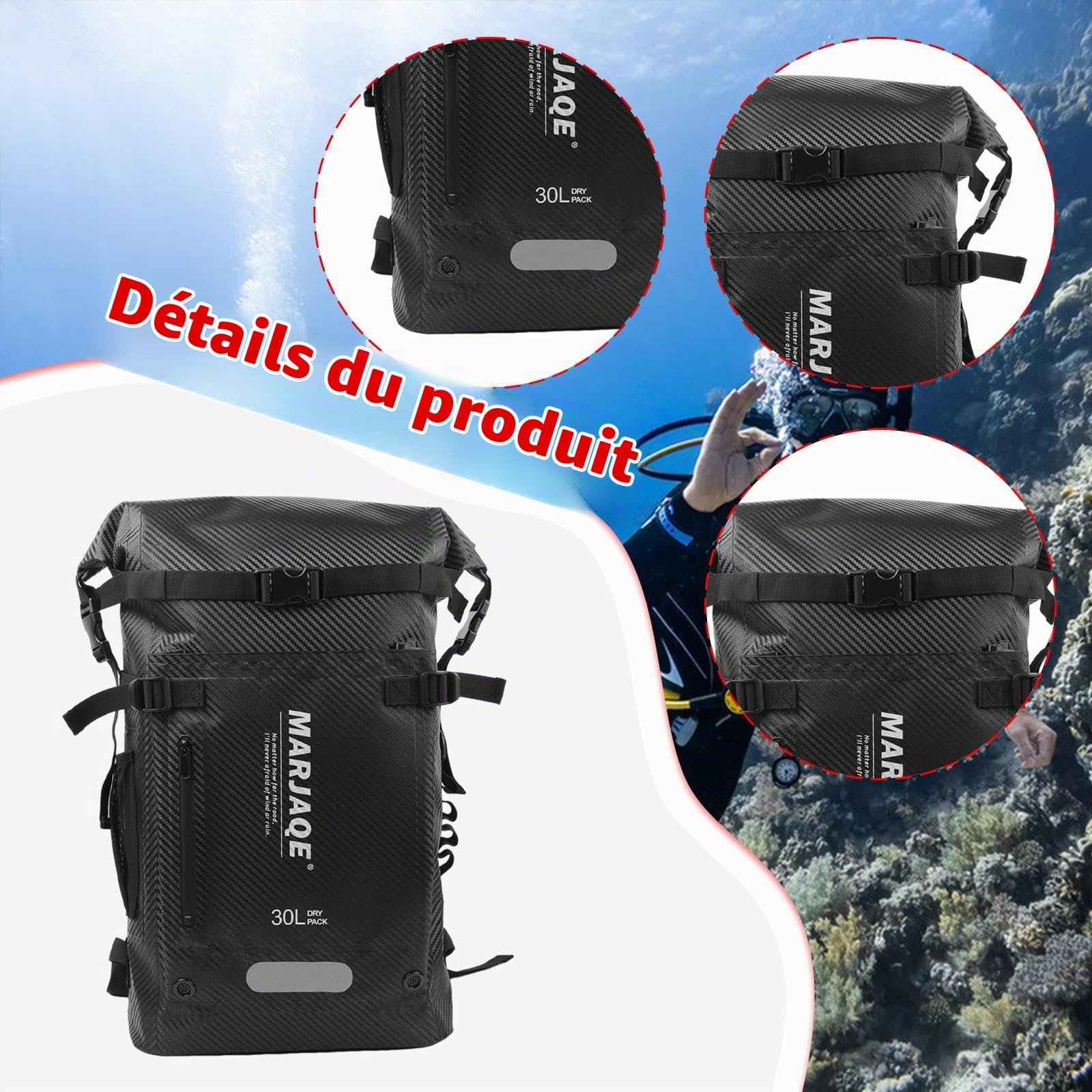 Sac à Dos de Plongée 30L Étanche Compartiments Multiples Porte-Palmes pour Kayak Navigation de Plaisance Rangement Équipement- Noir
