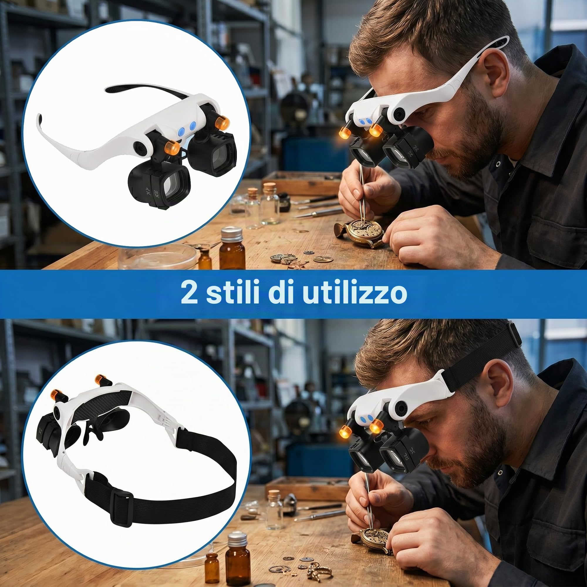 Occhiali Lente d'Ingrandimento con Luce LED, Professionale Ricaricabile Lente d'Ingrandimento 5 Lenti (2X-13X) Visiera Ingrandente per Gioiellieri Riparazione Orologi, Ricamo e Bricolage