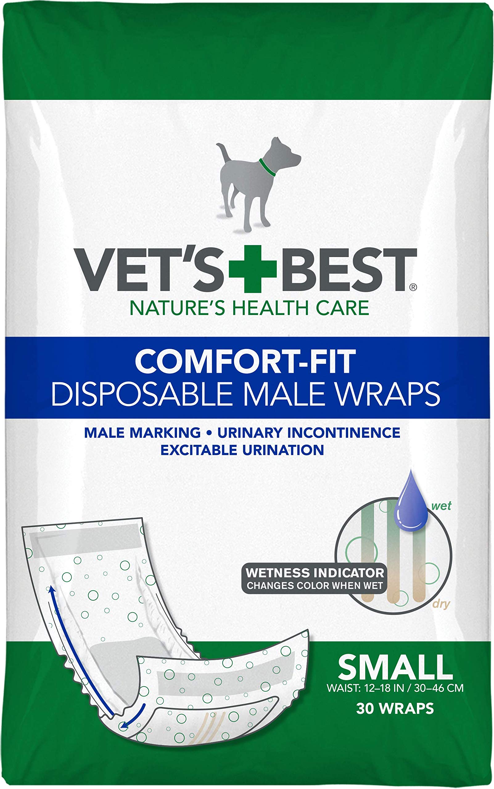 Vet's Best - Pañales Desechables de Ajuste cómodo para Perros machos, envolturas absorbentes para machos con Ajuste a Prueba de Fugas, Talla S, 30 Unidades