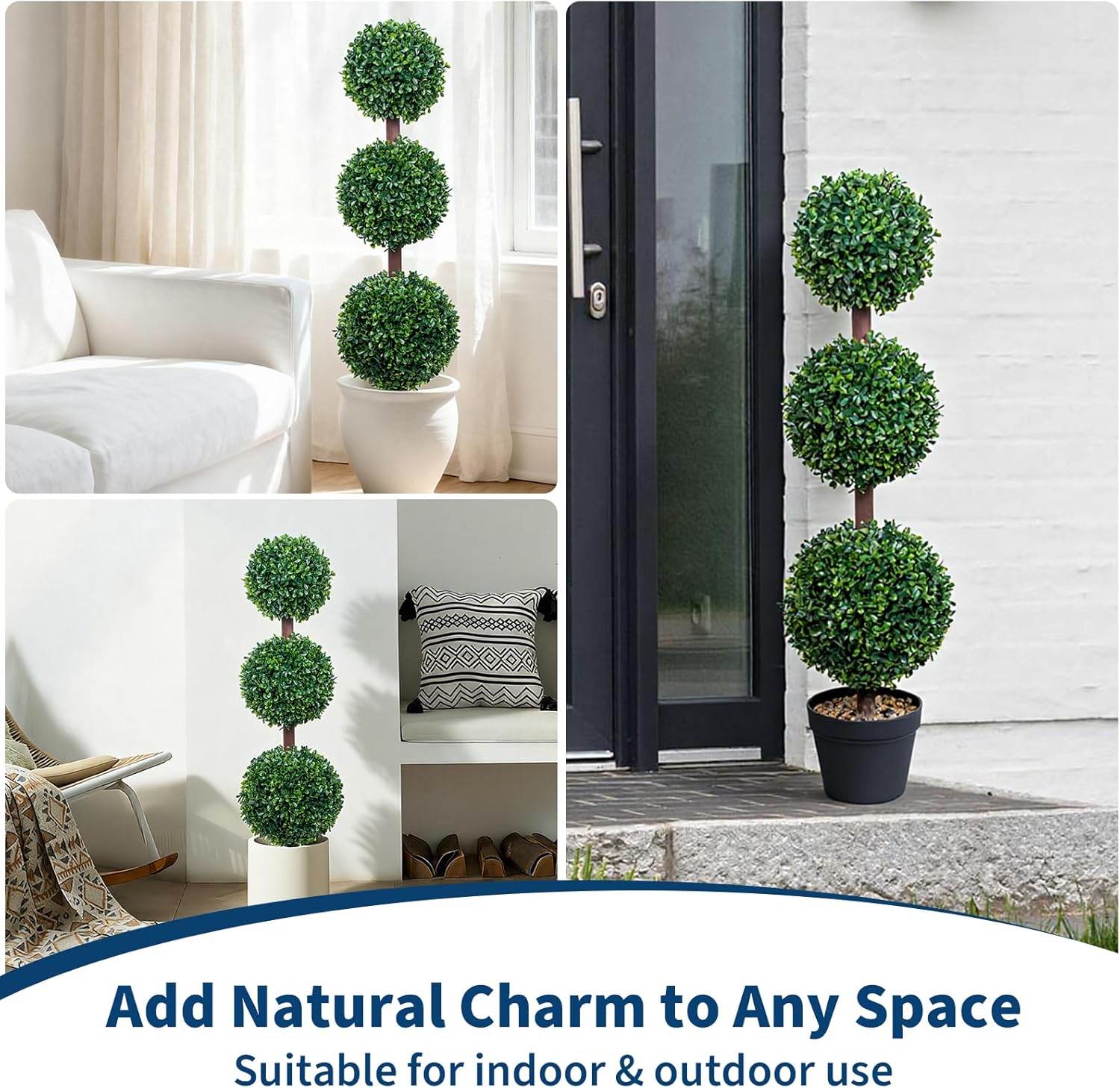 GarveeHome 2 Pack Triple Ball Boxwood Topiary Tree, 3FT Realistic Indoor Outdoor Faux Greenery with Black Planter, Perfect for Entryway Patio Home Office Decor