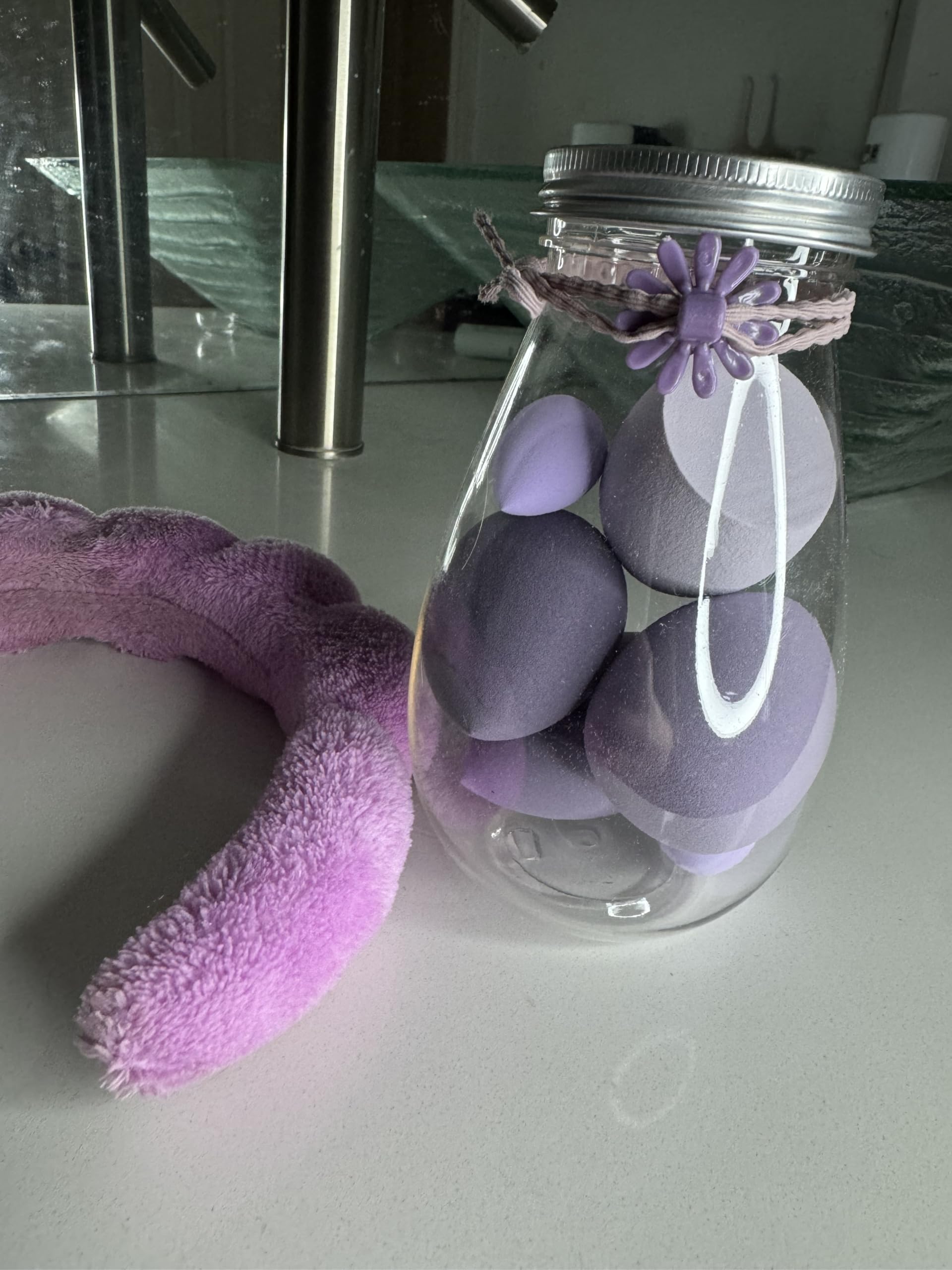 Makeup Beauty Blender Sponges with Storage Jar, Purple, 6 Piece Set, Flower Lid