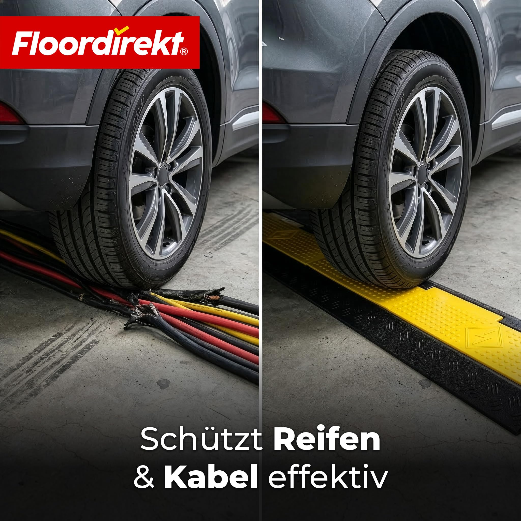 Floordirekt Kabelschutzmatte - Bis 20 Tonnen - Überfahrschutz für Kabel, Kabelbrücke aus Gummi für Parkplätze, Lagerhäuser (Schwarz-Gelb, 2 Kanäle 90 x 61,5 x 10,5 cm - Torus)