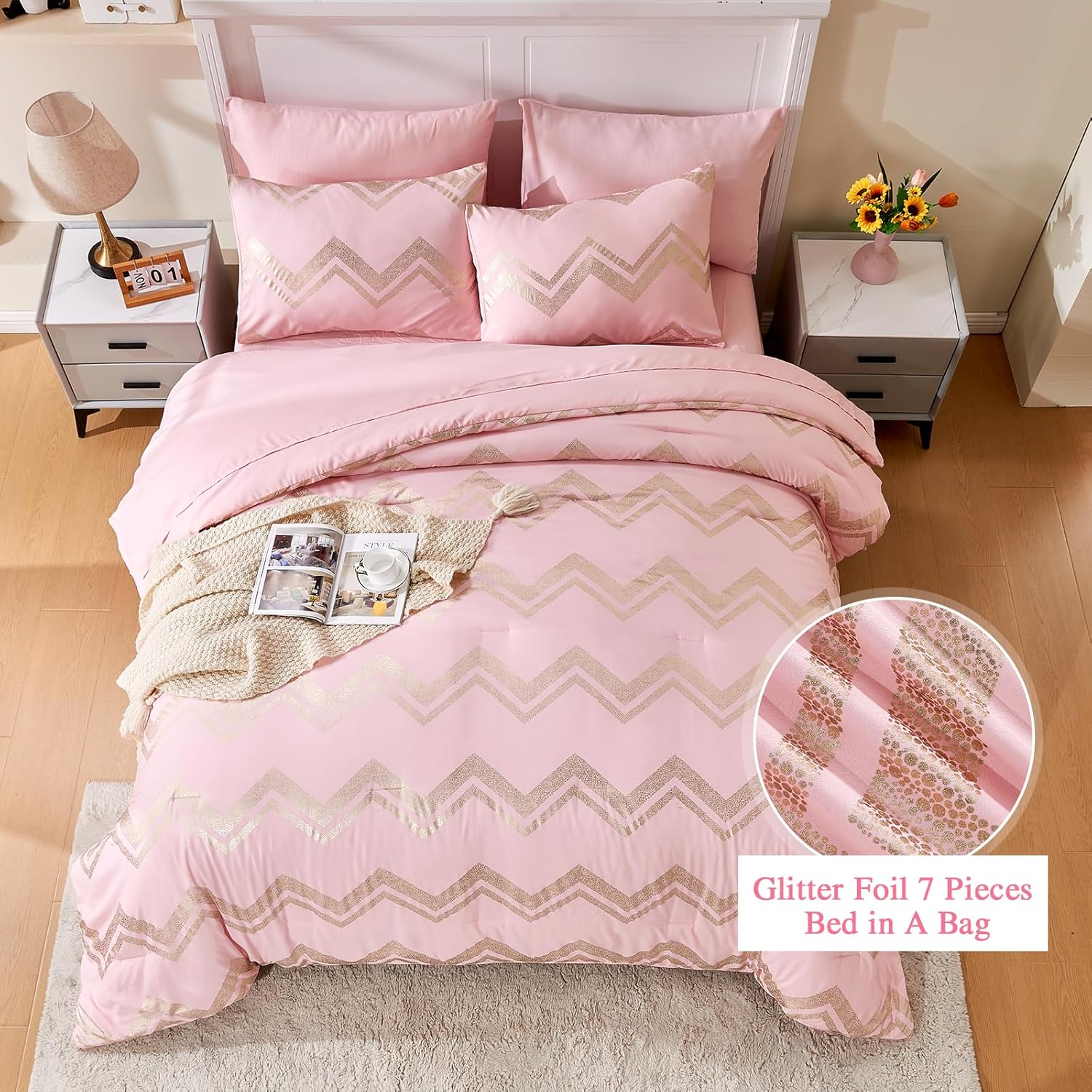 Wowelife Twin/Twin XL Comforter Set for Girls Kids, Twin Bedding Sets for Girls 5 Pieces Pink Gold Glitter Foil Bed in A Bag with Comforter, Flat Sheet, Fitted Sheet, 1 Pillow Sham and 1 Pillowcase | Twin Comforter, pink twin comforter, Twin Bedding Sets, Gold Glitter Bed, 5 Piece Comforter, For Girls Kids - Image 6