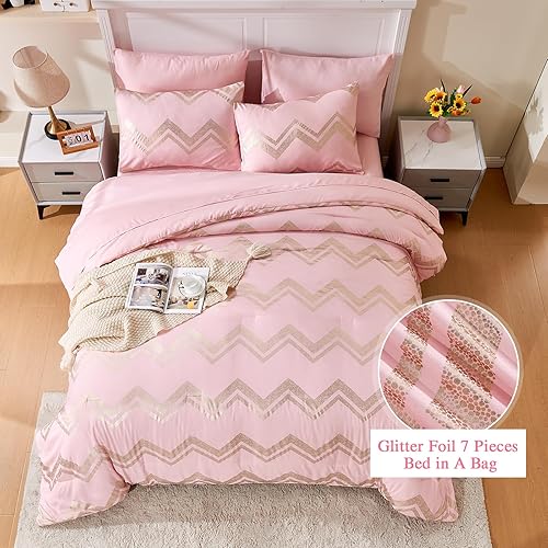 Miniatura 2 de Wowelife Juego de edredón tamaño Queen de 7 piezas, color rosa, juego de edredón rosa Queen con purpurina, juego de edredón para niña Queen con