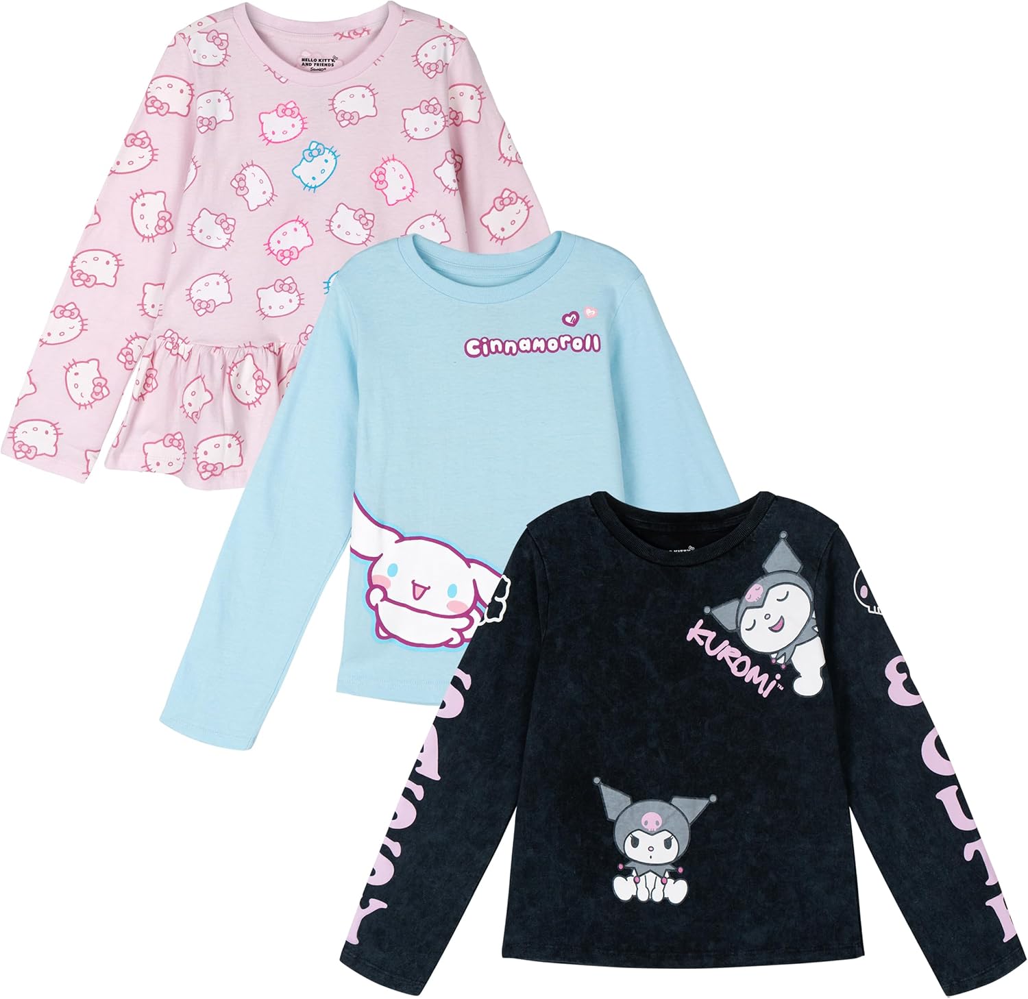 Hello Kitty Girls 3 Pack Peplum Long Sleeve T-Shirts Toddler to Big Kid Sizes (2T - 14-16)