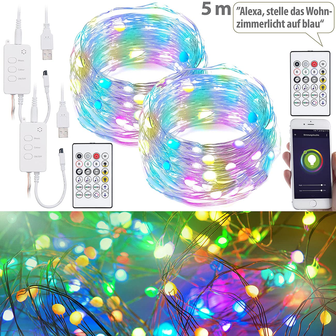 2 guirlandes à LED RVB connectées compatibles commandes vocales - 5 m [Luminea Home Control]