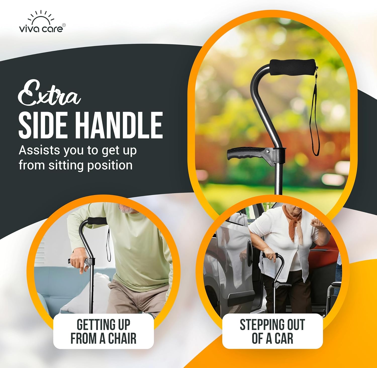 Walking Cane with 4 Prongs and Extra Side Handle – Adjustable, for Balance & Stability for Adults, Seniors, and Injured.