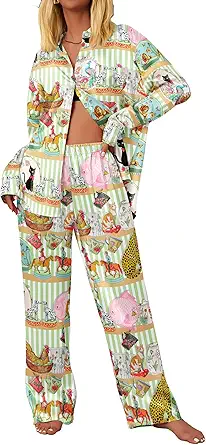 Ekouaer Womens Satin Silky Pajama Set 2 Piece Print PJs Soft Loungewear Button Down Sleepwear with Elastic Waist Long Pants