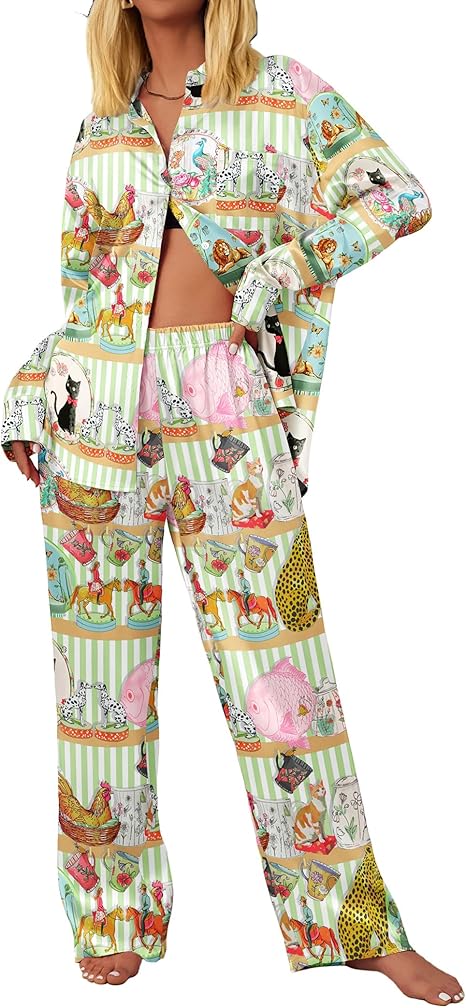 Ekouaer Womens Satin Silky Pajama Set 2 Piece Print PJs Soft Loungewear Button Down Sleepwear with Elastic Waist Long Pants