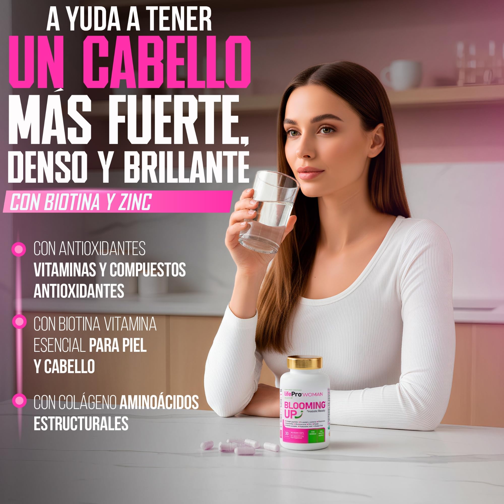 Vitaminas para el Cabello Mujer Anticaida con Biotina Blooming Up – Colágeno Hidrolizado, Zinc y Astaxantina