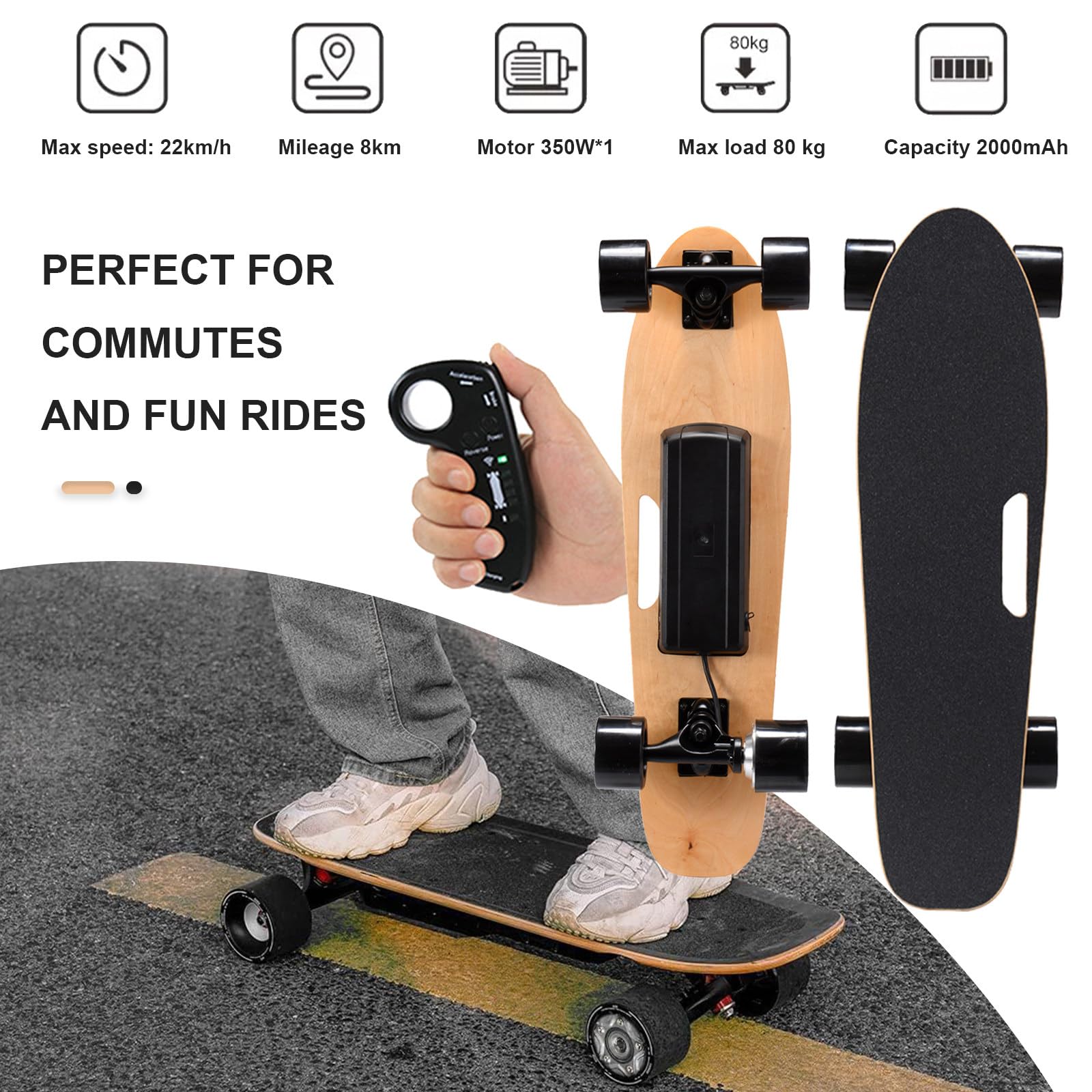 Skate elettrico per uso esterno, con motore 350W, 4 livelli di velocità, telecomando remoto, autonomia massima di 13 km, velocità fino a 22 km/h, costruzione in acero a 7 strati per durabilità
