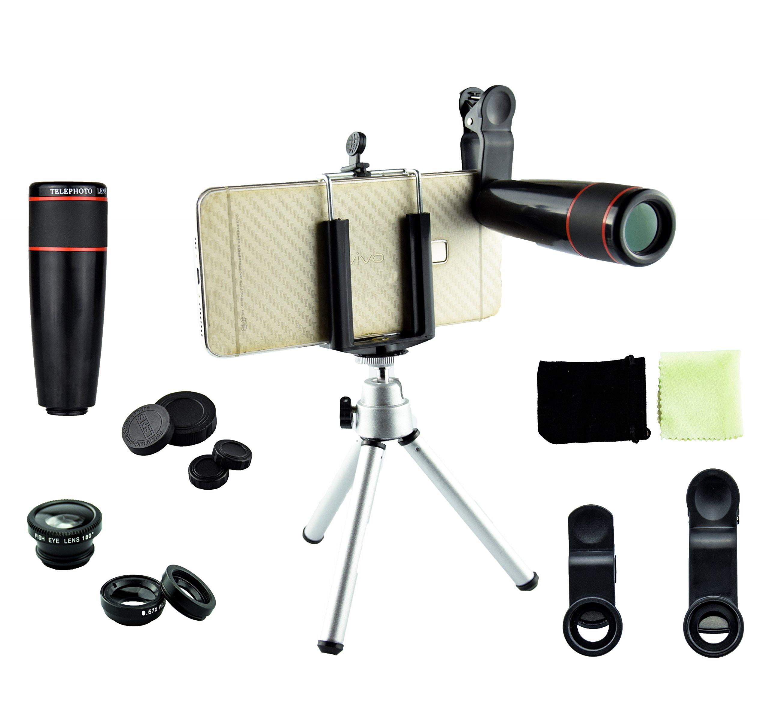 Telephoto Lens Cell Phone Camera Lens Kit 4 in 1 Telephoto Lens 12X+Fish Eye+Wide Angle Lens+Macro Lens+Tripod for All Smartphones