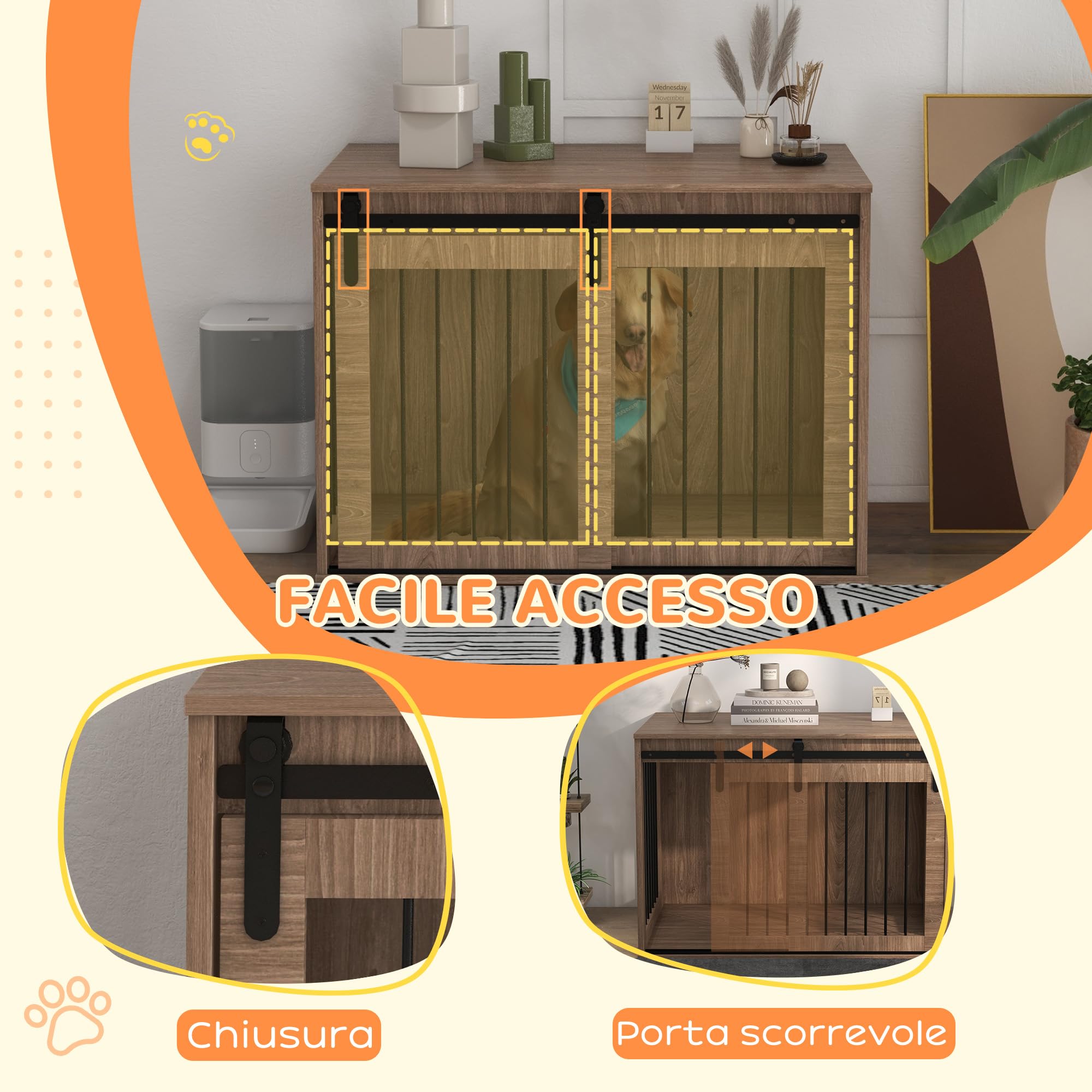 PawHut Casetta per Cani Grandi in Legno per Interno, Kennel per Cani Multiuso con Porta Scorrevole, 98x58x61 cm, Marrone