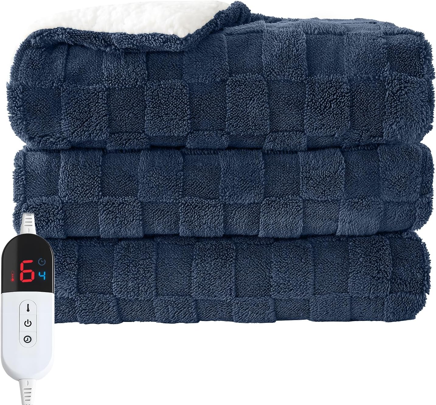 Electric Heated Throw Blanket - Jacquard Checkered Sherpa 50"x60" Fast Heating Bed Blankets with 6 Heating Levels & 4 Hours Auto Off, Over-Heat Protection ETL, Navy Blue