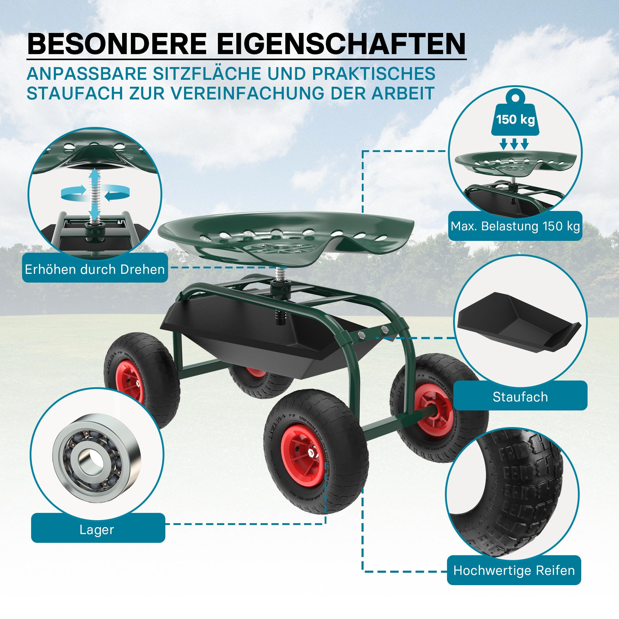 Wiltec Gartenwagen mit Ablagefläche bis 150kg Gartenhocker mit Reifen Gartentrolley für Gartenarbeit Werkstattwagen Rollwagen Arbeitssitz Gartensitz fahrbar