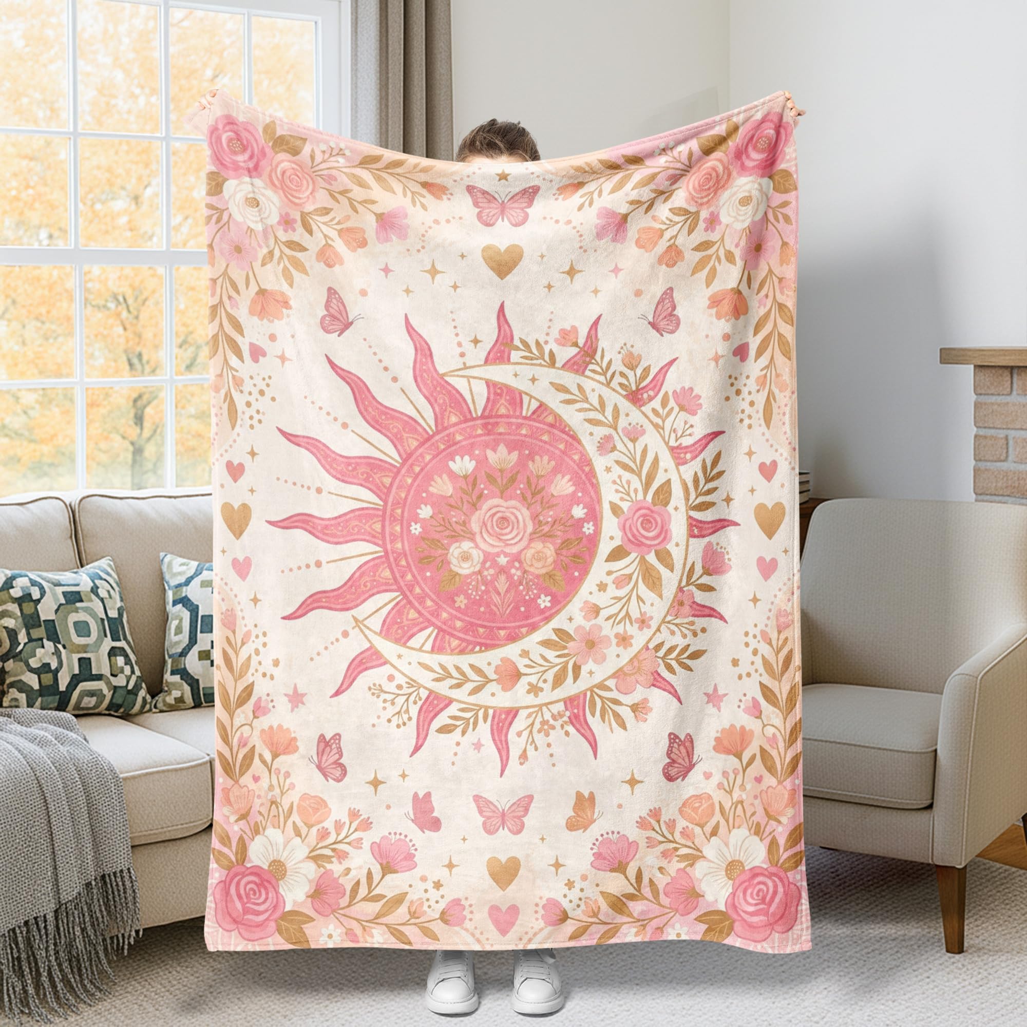 Couverture de soleil bohème pour canapé et lit - Plaid fleuri esthétique de salon