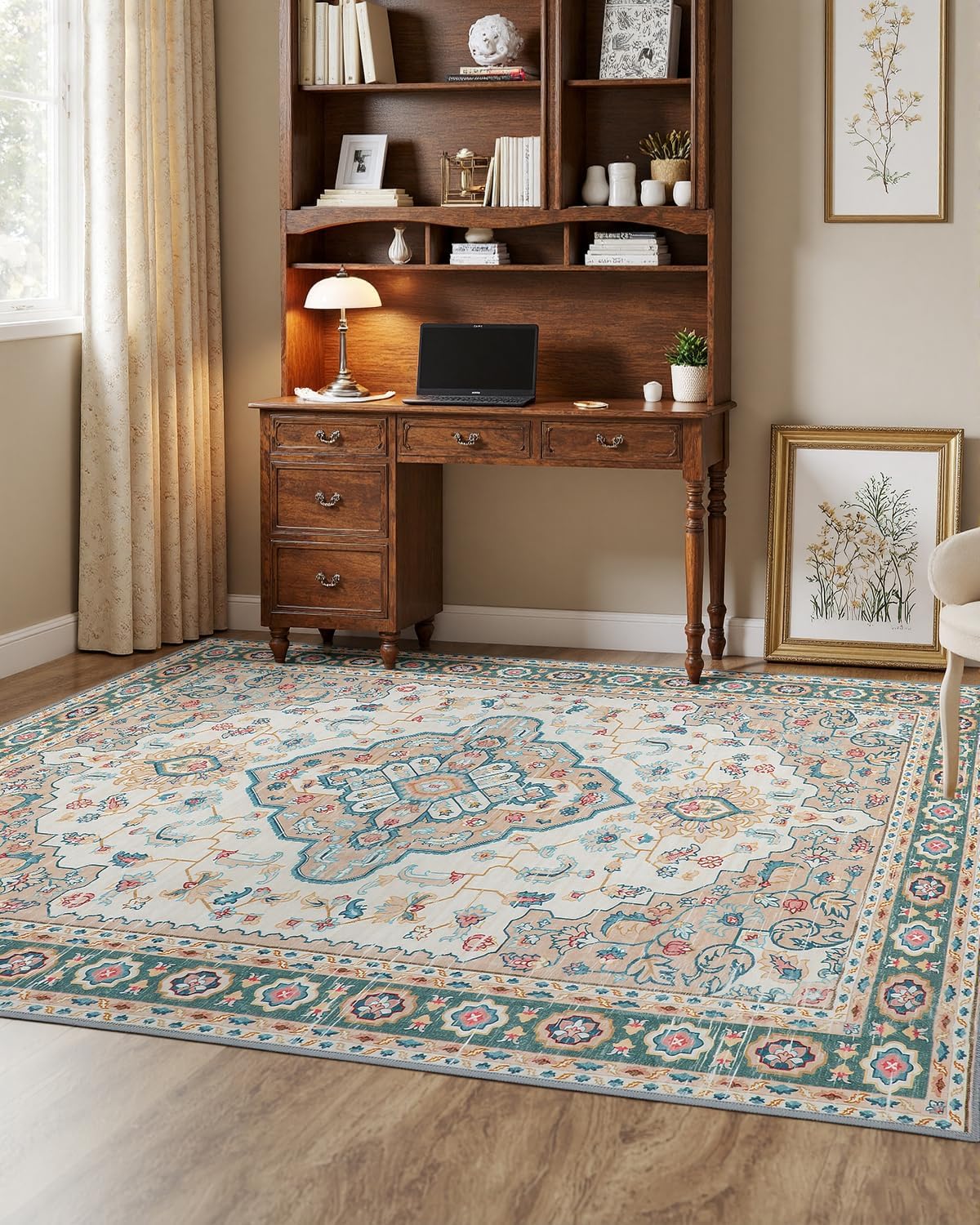 MINIDEAR 5x7 Area Rugs for Living Room, Dining Room Rug, Washable Rugs for Bedroom Non Slip Vintage Rug with Floral Print Carpet Mat for Home, Khaki