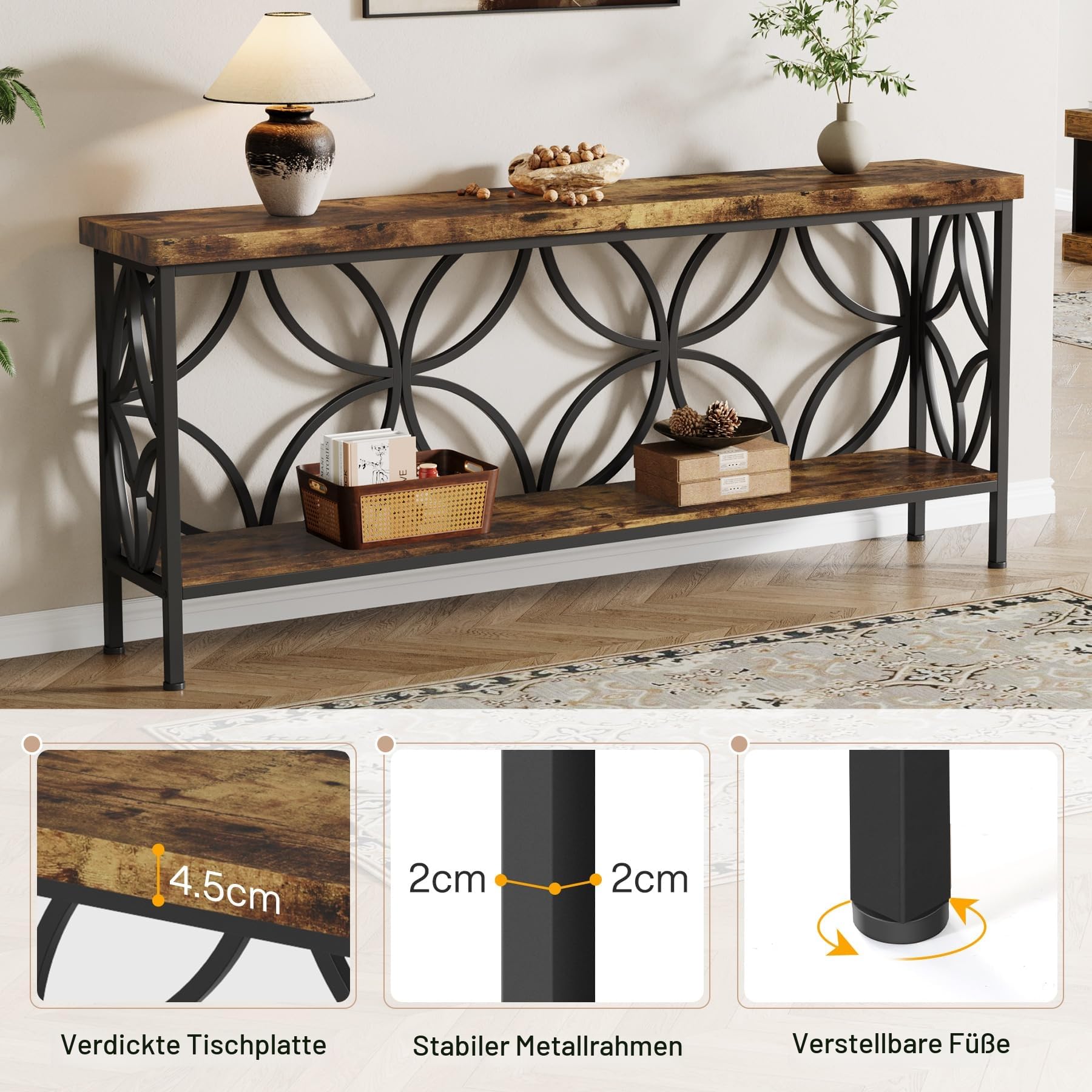 Tribesigns Konsolentisch mit Ablage, 160 cm Schmaler Sofatisch, Flurtisch, Sofa-Beistelltisch, einzigartiges Design, für Eingang, Flur, Wohnzimmer, Braun