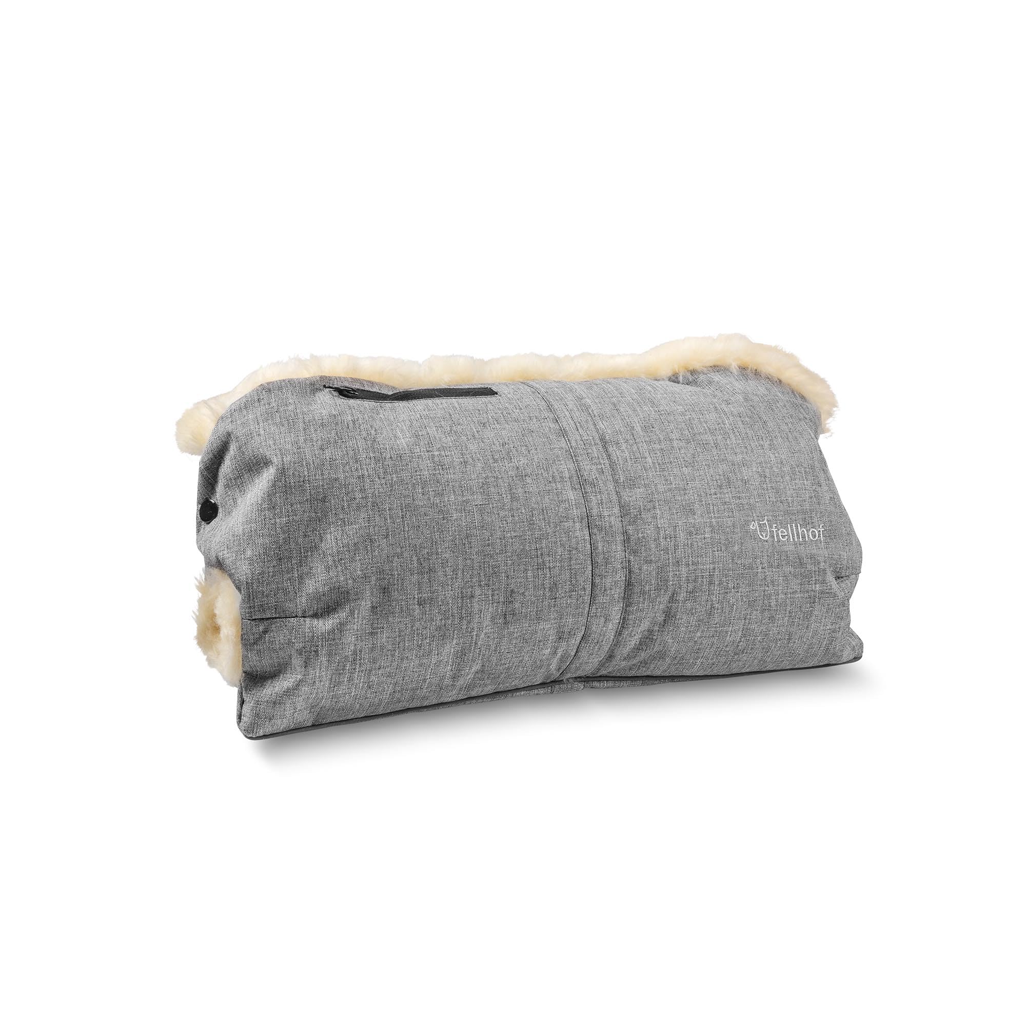 Fellhof Kinderwagen Handwärmer, 100% Merino-Lammfell, wind- u. wasserabweisend, reflektierende Streifen, OEKO-TEX zertifiziert, Universalgröße für alle Kinderwagen (Black-melange)
