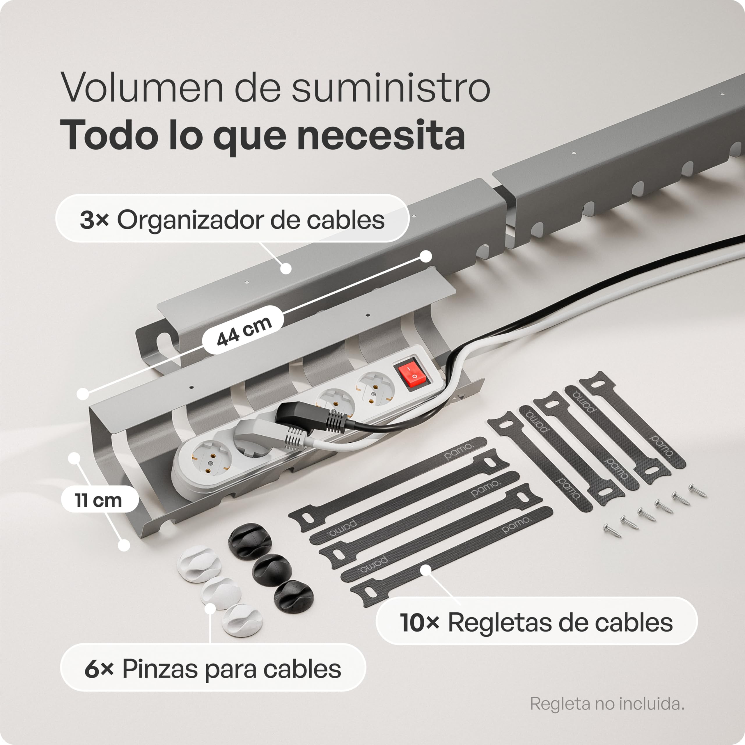 PAMO Organizador Cables Escritorio Gris y Plateado 3 un. – 10 Bridas Adhesivas y Clips para Cables – fácil instalación Incl. Tornillos – Organizador Escritorio Oficina/casa
