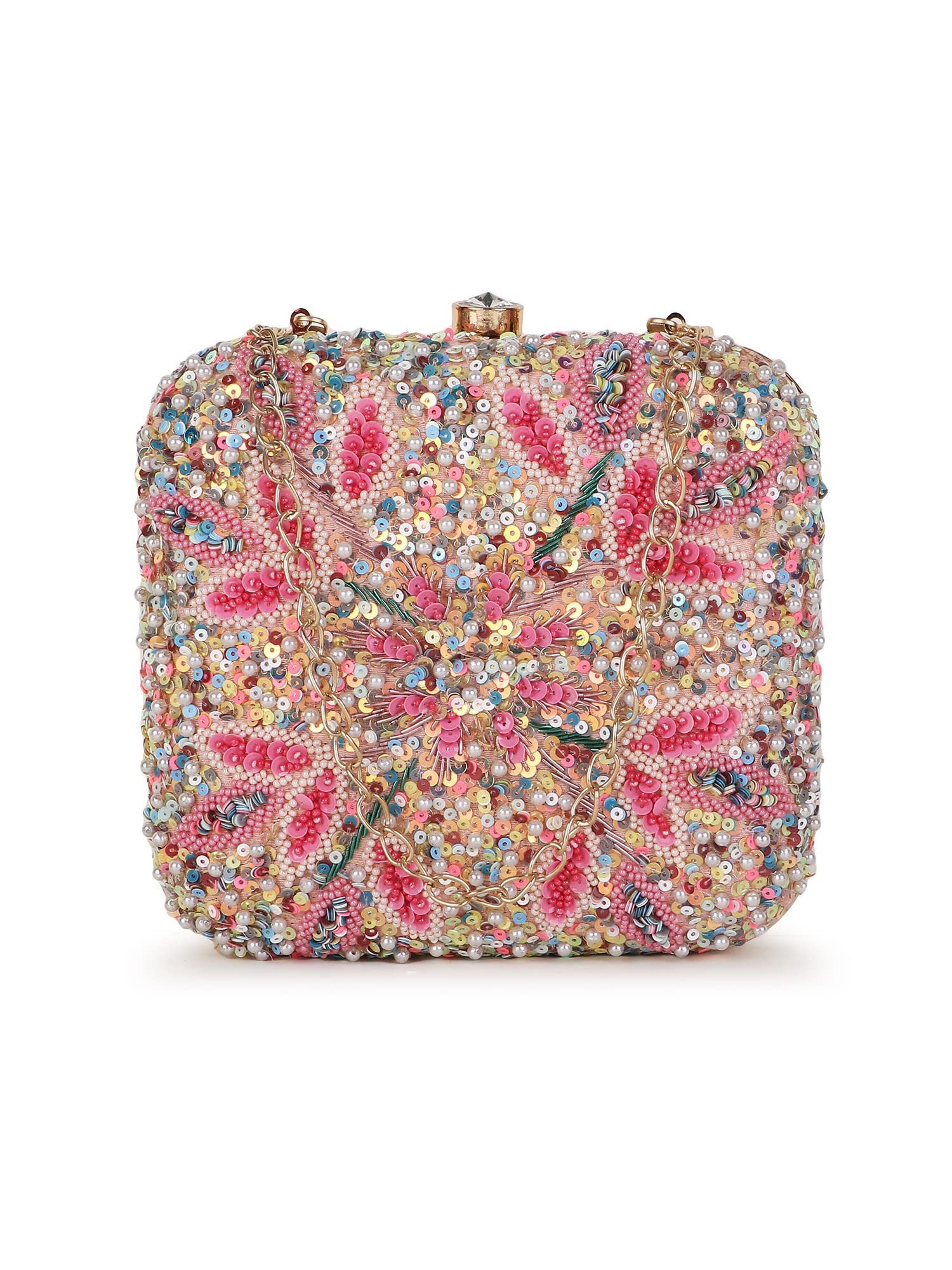 Vista Pastel Pink & Multi Stone work Embellished Faux Silk Clutch-image-7