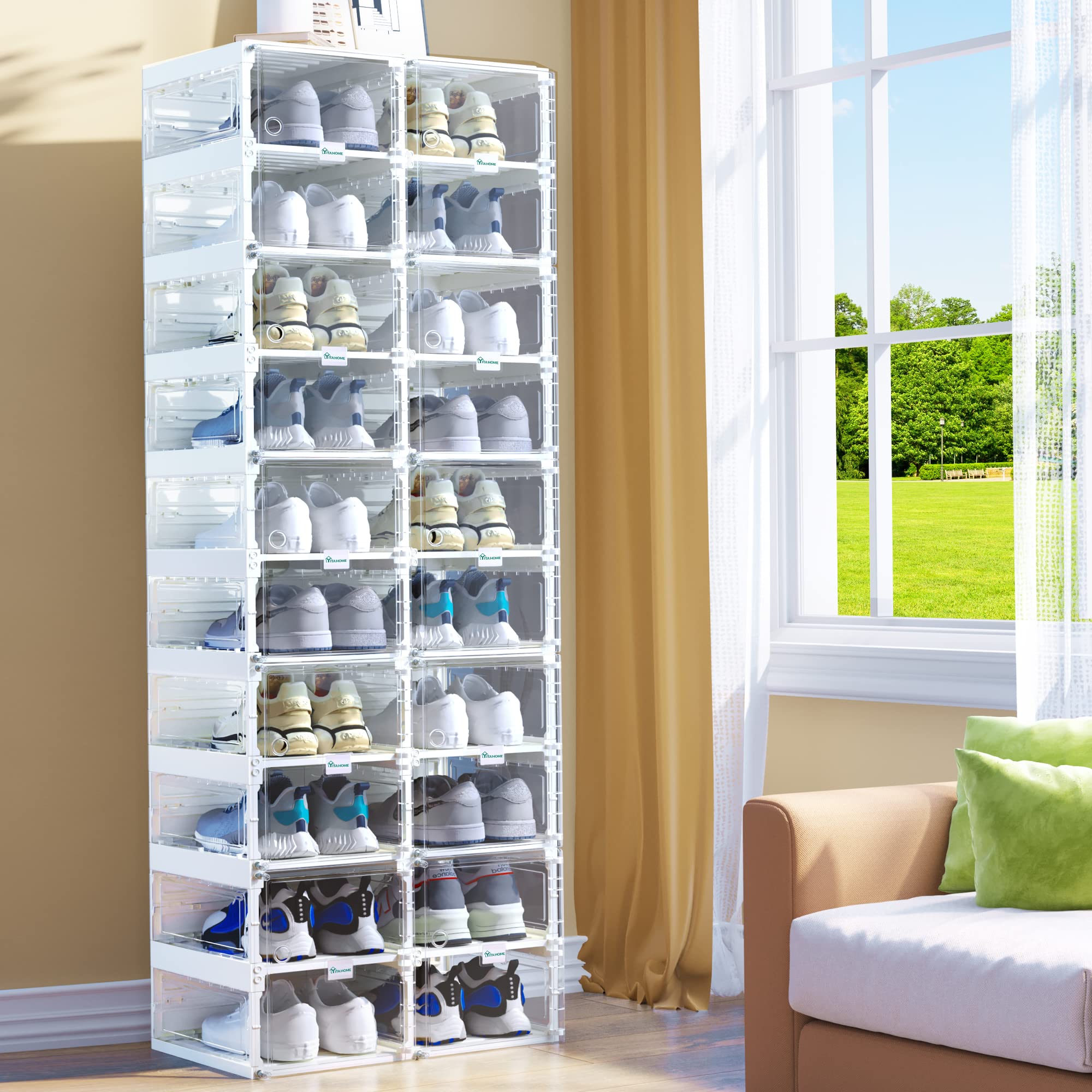 YITAHOME Shoe Storage Organizer, Folding Shoe Box with Doors, 2-20 Grid Stackable Transparent Shoe Cabinet Installation-Free for Hallway, Living Room, Closet (White)