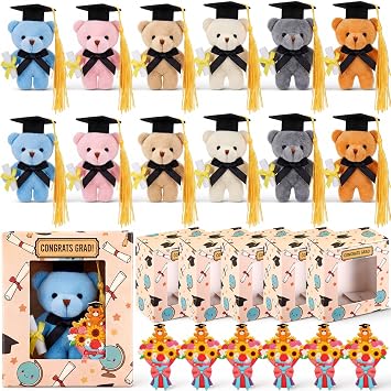 Roowest 12 Set Graduation Mini Stuffed Animals with Gifts Box Bouquet, Small Plush Animal Bear Toy Keychain Gift Set for 2026 Kindergarten Preschool Graduations Party Classroom Exchange GiftBear