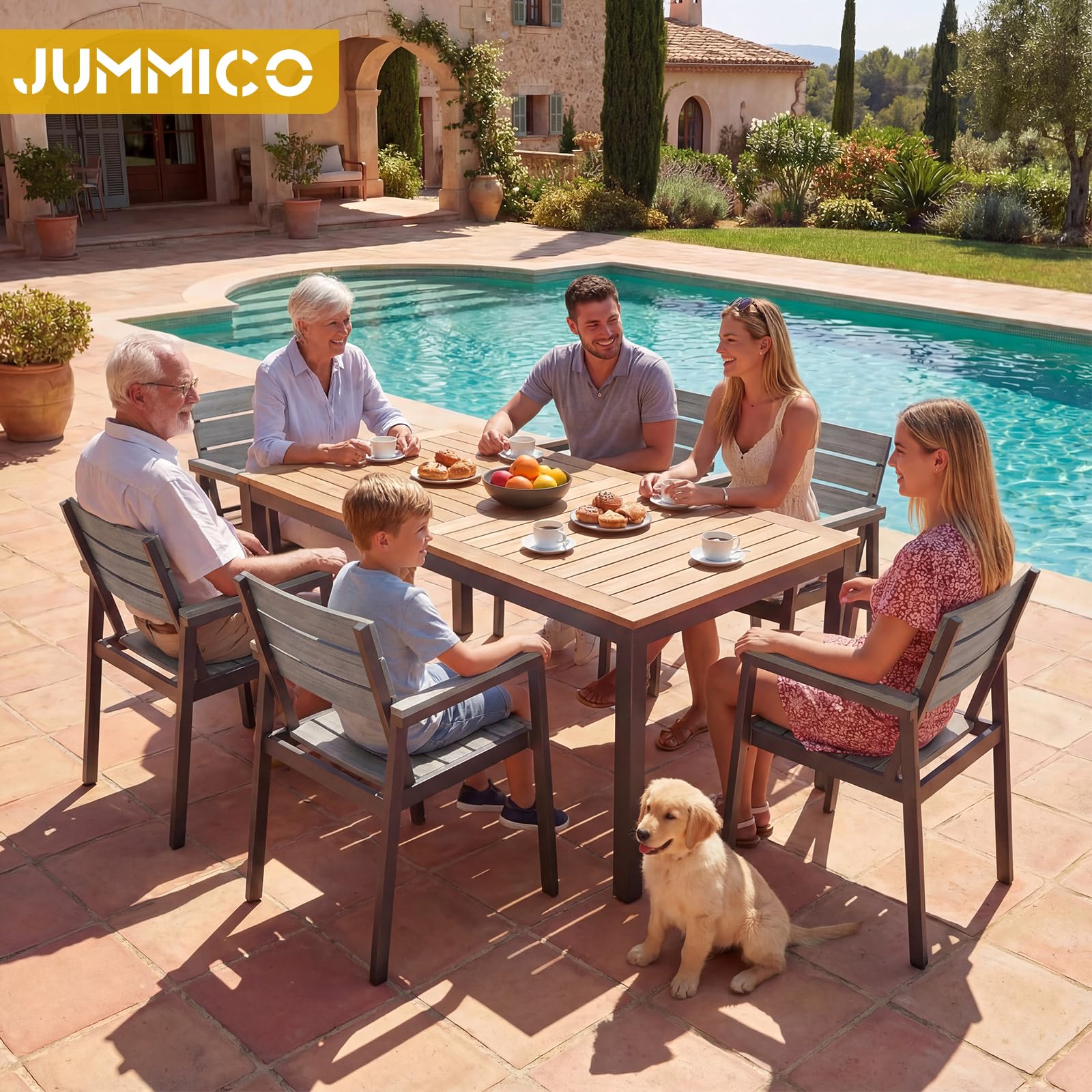 JUMMICO Sedia da Esterno in Alluminio Aspetto Legno - Antiruggine, Facile da Pulire e Imputrescibile, Portata Massima 160kg, Per Giardino, Cortile, Balcone