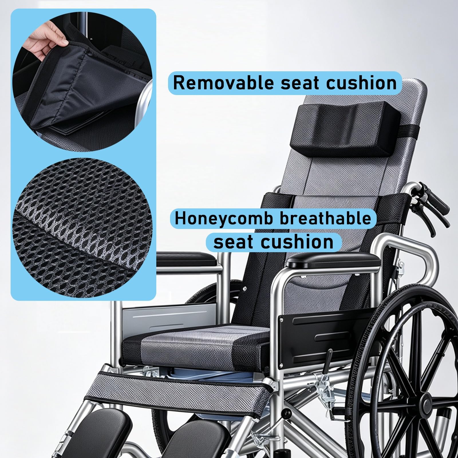Sillas de Ruedas para Adultos Plegables Silla de Ruedas Ligera para Viajar | Respaldo Alto con Mesa de Comedor con Asiento de Inodoro Deslizante Frenos Dobles Tubos de Acero Engrosados