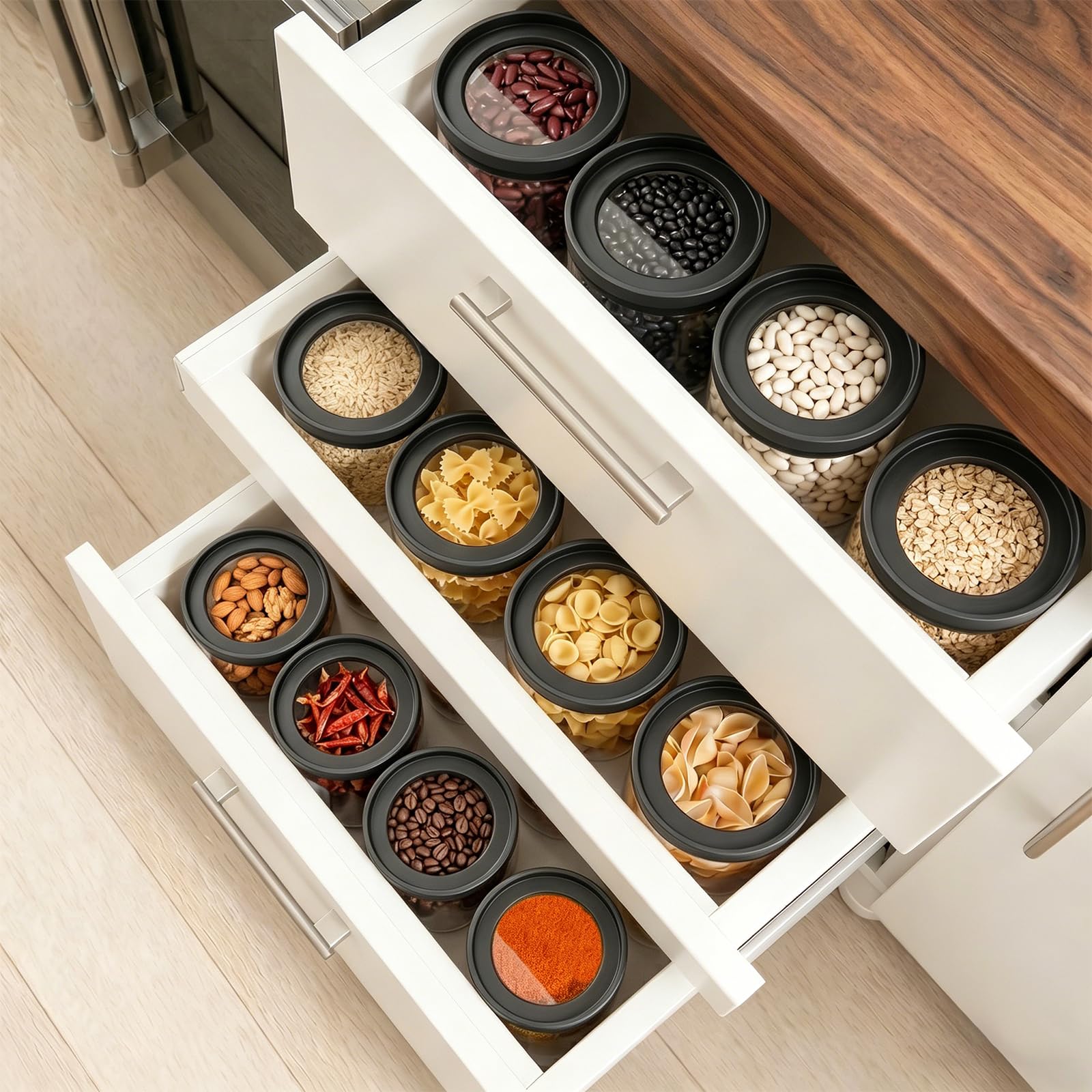 twoant Juego de 4 Redondos Tarros de Cristal Con Tapa Hermética transparente y apilable，1200ml Cocina Botes Almacenaje Ideales Para Guardar Especias, Pasta, Legumbres, Avena, Cereales, Etc