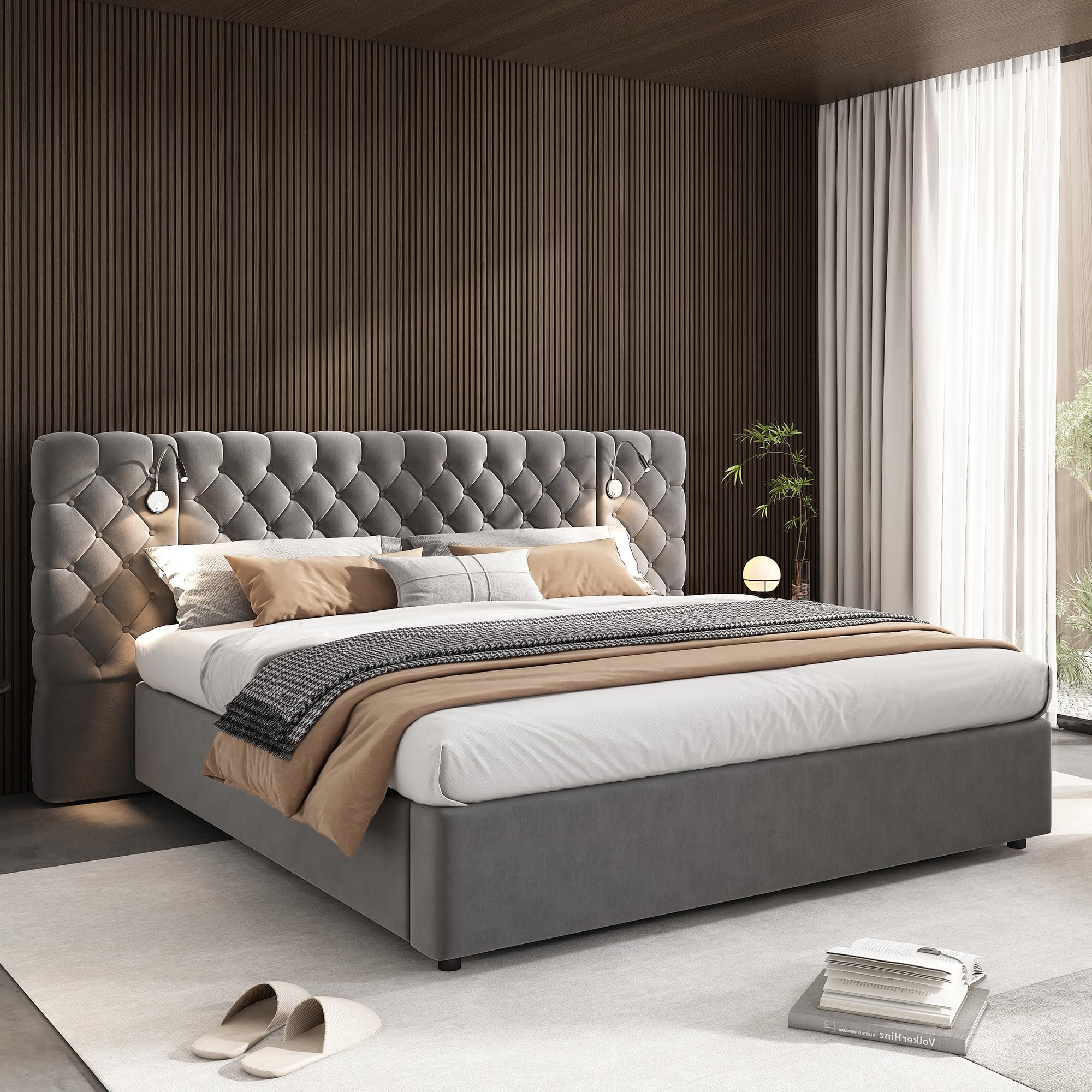 Cama Tapizada 180x200, Cama Doble con LED iluminación y Espacio de Almacenamiento, Hidráulica Modern Cama Matrimonio Juvenil con Cabecero Ancho y Suave y Somier, Gris, Terciopelo, Sin Colchón