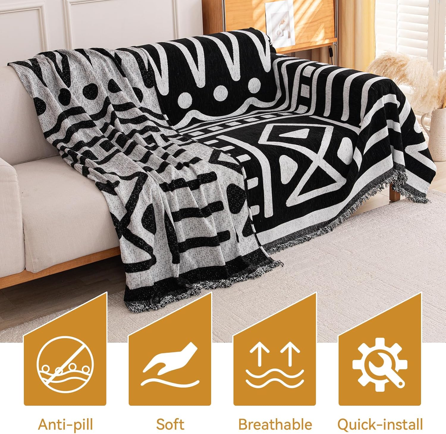 Deep Dream Boho Couch Cover, Non Slip Soft Chenille Sofa Covers for 2-3 Cushion Couch, Thick Sofa Slipcover Loveseat Cover Washable Blanket Cover for Living Room (Black, 71"x118")