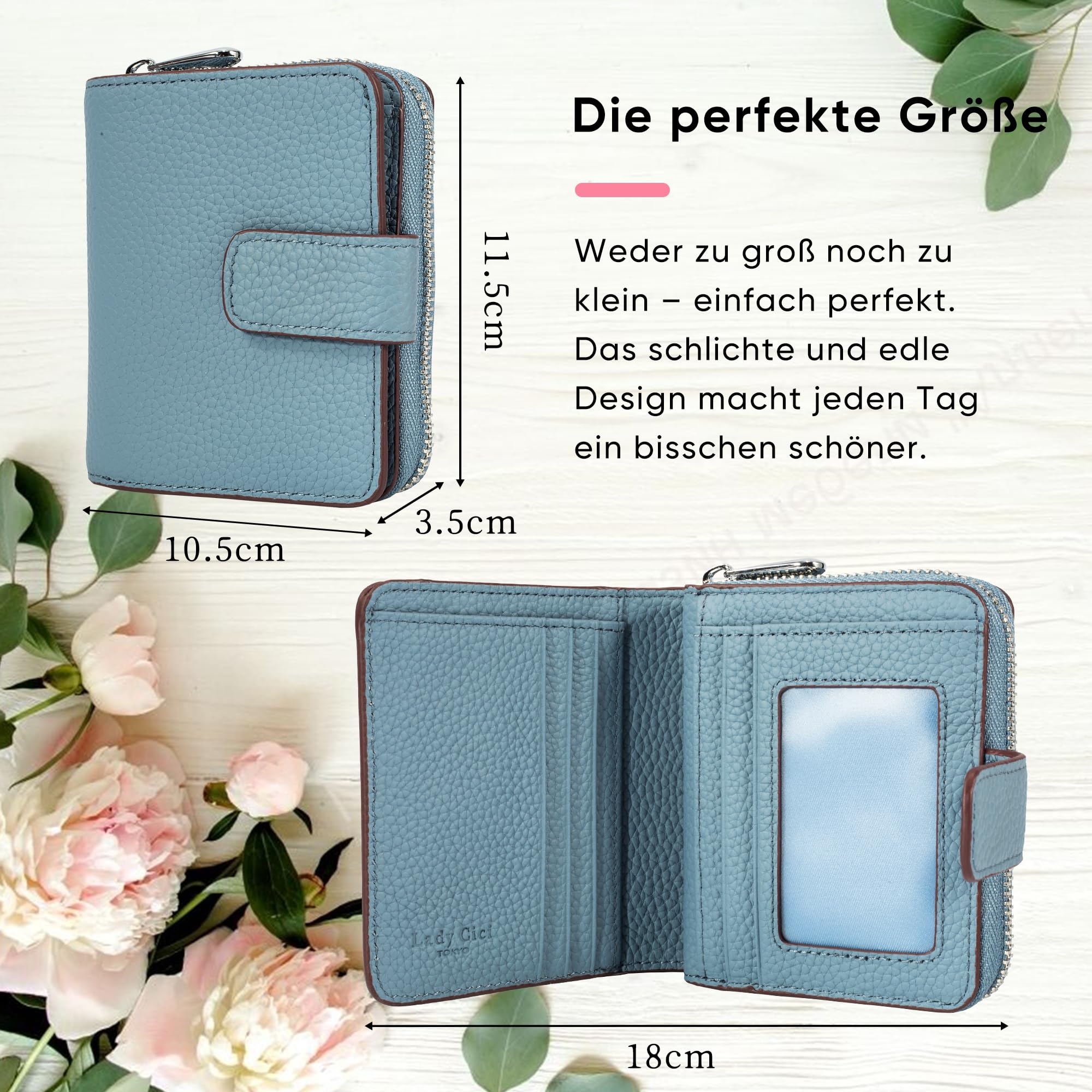 Geldbörse Damen mittelgroß aus Echtem Leder Slim RFID Portemonnaie mit 15 Kartenfächern und Münzfach Portmonee als Geschenkidee(Graublau)