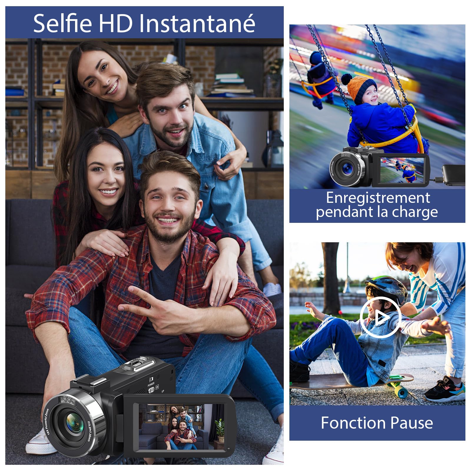 Caméscope 4K Caméra Vidéo HD 80MP 30FPS Vision Nocturne Infrarouge Zoom Numérique 18X Webcam Camescope, 3,0’’ Pouces Rotation à Écran IPS Vlogging Camera pour Youtube avec 2 Batteries, Carte SD 32Go