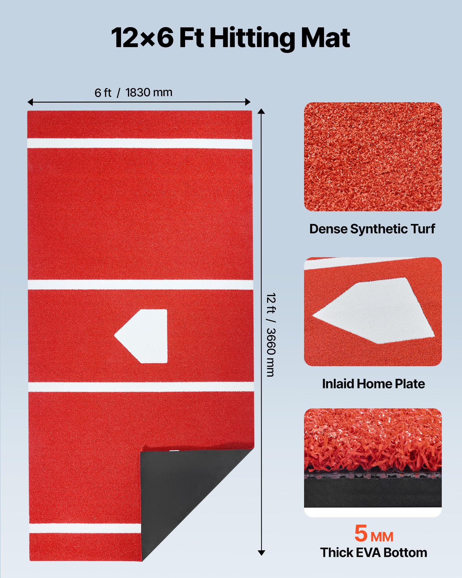VEVOR Baseball-Schlagmatte Trainingsmatte (366 x 183 cm) Trainingspad Schlagkäfigmatte, Baseballmatte mit Home Plate & Anti-Fade-Rasen, tragbare Trainingshilfe Softballmatte Outdoor, Rot