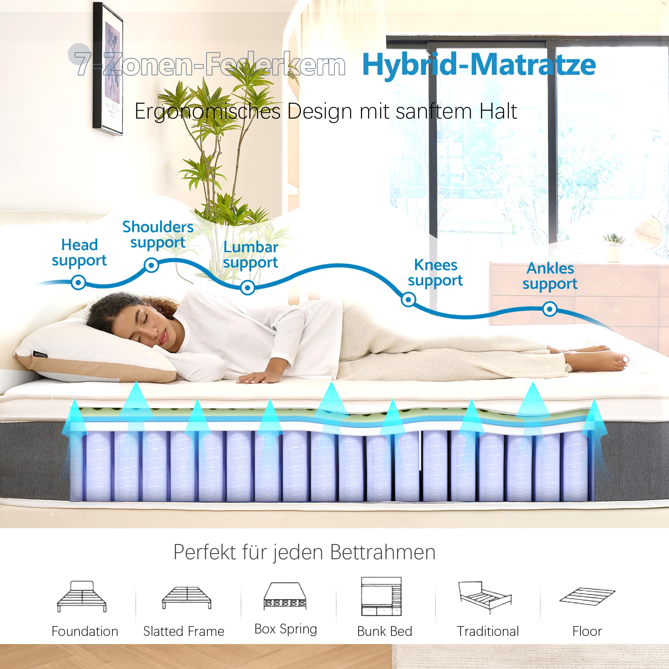 Bednew Materasso Maxi Matrimoniale 180x200cm, Supporto 7 Zone, Öko-Tex Certified, Tecnologia Ibrida Molle e Memory Foam, Spessore 26cm, Qualità Affidabile, 101 Notti Prova