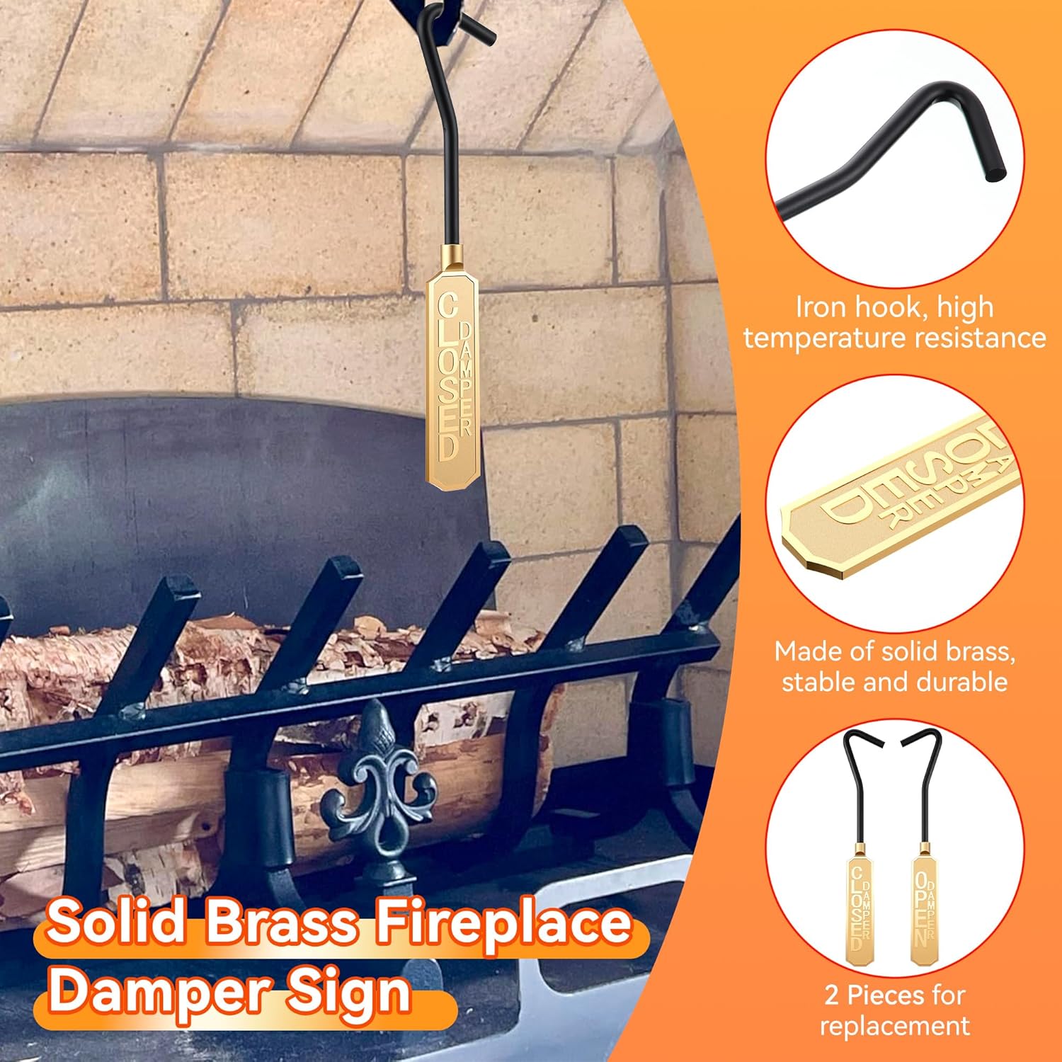 Saillong 2 Pcs Solid Brass Open/Closed Fireplace Damper Sign, Metal Fireplace Damper Pull with Solid Brass Handles, Vintage Metal Home Decorations