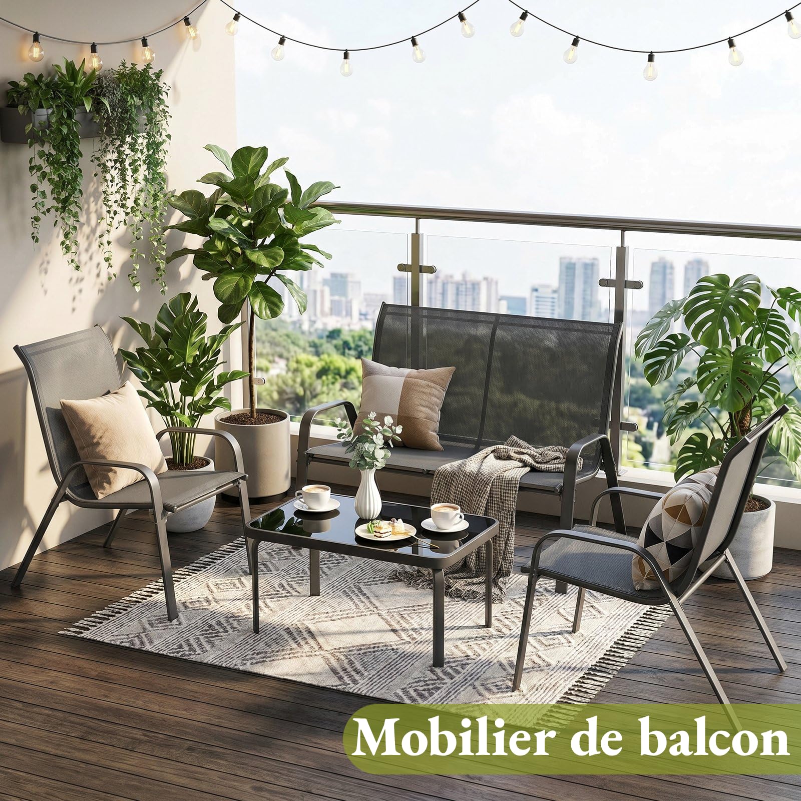 LIFERUN Salon de Jardin Extérieur 4 Pièces 4 Personnes,Ensemble de Mobilier | Textilène Résistant, Canapé 2 Places, 2 Fauteuils, 1 Table Basse, Ensemble de Terrasse pour Balcon, Extérieurs (Gris)