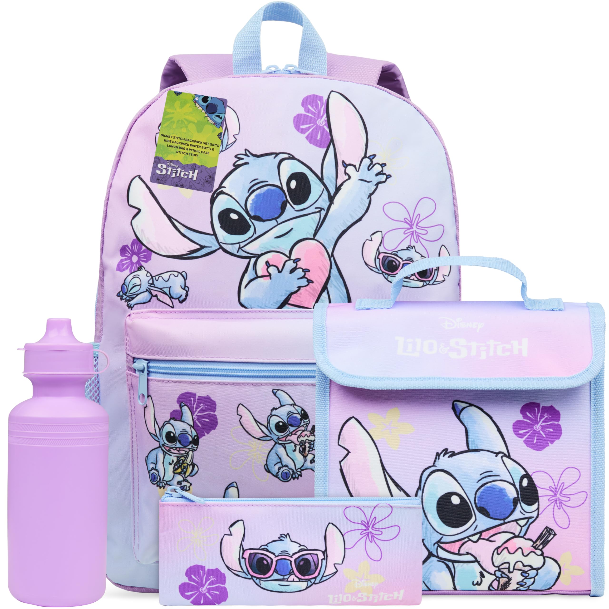 Disney Stitch Mochila Escolar Niña Adolescente Chica con Estuche Infantil Botella de Agua y Bolsa de Almuerzo Set de Material Escolar 4 Pzs