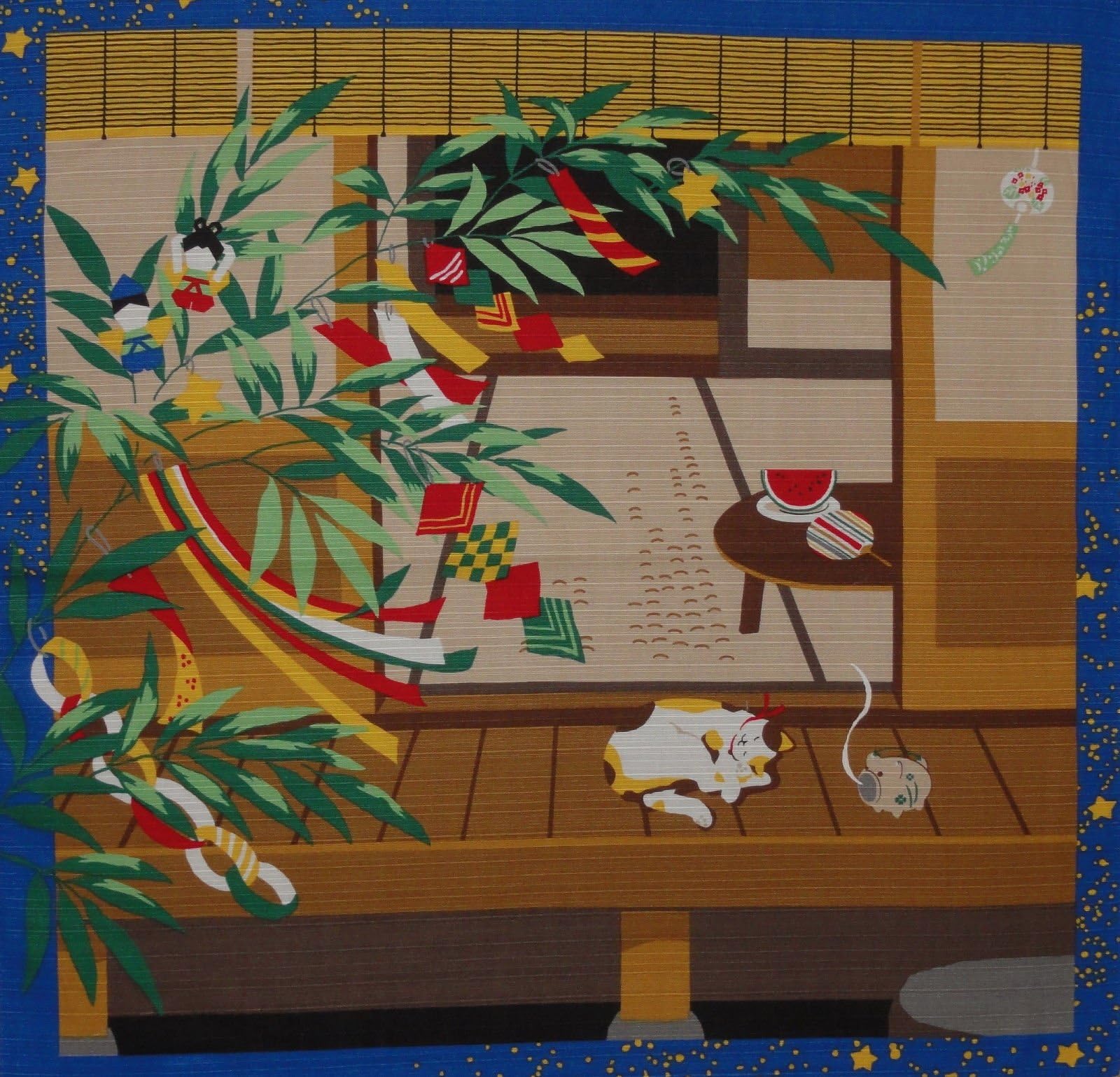 Furoshiki Cat and Tanabata Star Festival Decorations Motif Japanese Fabric 50cm