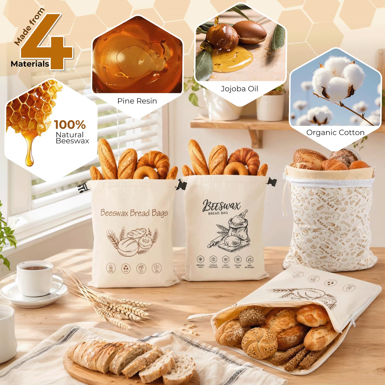 2 pezzi Sacchetto pane cera d'api,43×33 cm Tela cerata per pane,Sacchetti cera d'api per alimenti,con chiusura con fibbia/cerniera,per lievito madre e prodotti da forno (Zip A)