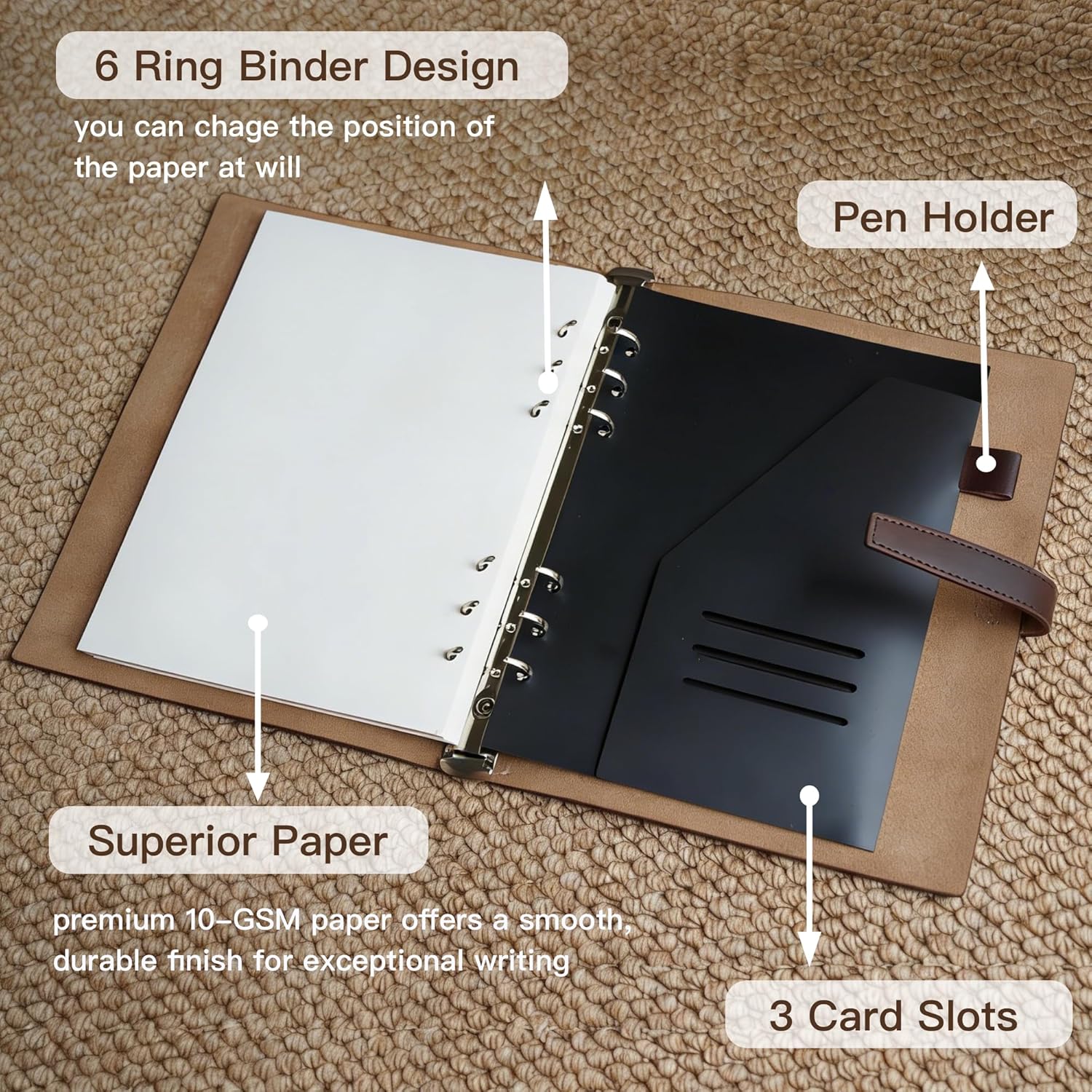 Refillable A5 Leather Binder Notebook, Reusable Leather Journal, Vintage Organizer with 6-Ring Metal Binder, Weekly & Monthly Planner Paper & Pocket, for Writers Business Work Study College and Daily