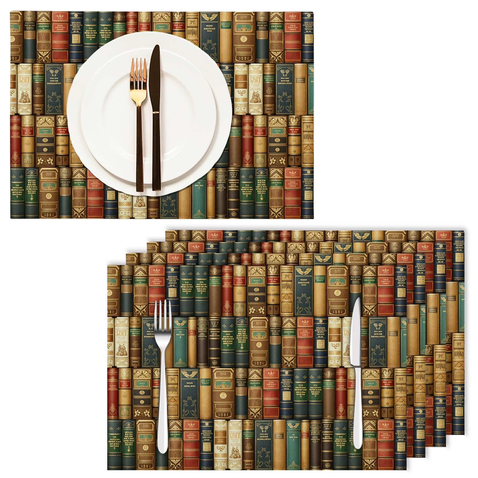 Set de Table Rétro - 8 Pièces Tapis de Table Livres en Coton et Lin 45×30cm Lavable Placemats Rectangulaire Réutilisable pour Salle à Manger, Salon